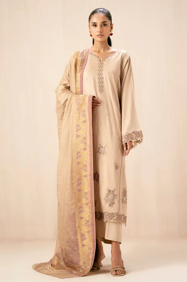3 Piece Embroidered Cotton Satin Suit SKU: WUM34311