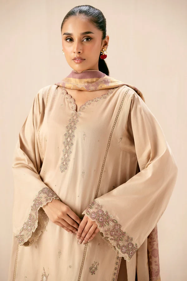 3 Piece Embroidered Cotton Satin Suit SKU: WUM34311