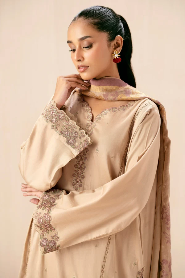 3 Piece Embroidered Cotton Satin Suit SKU: WUM34311
