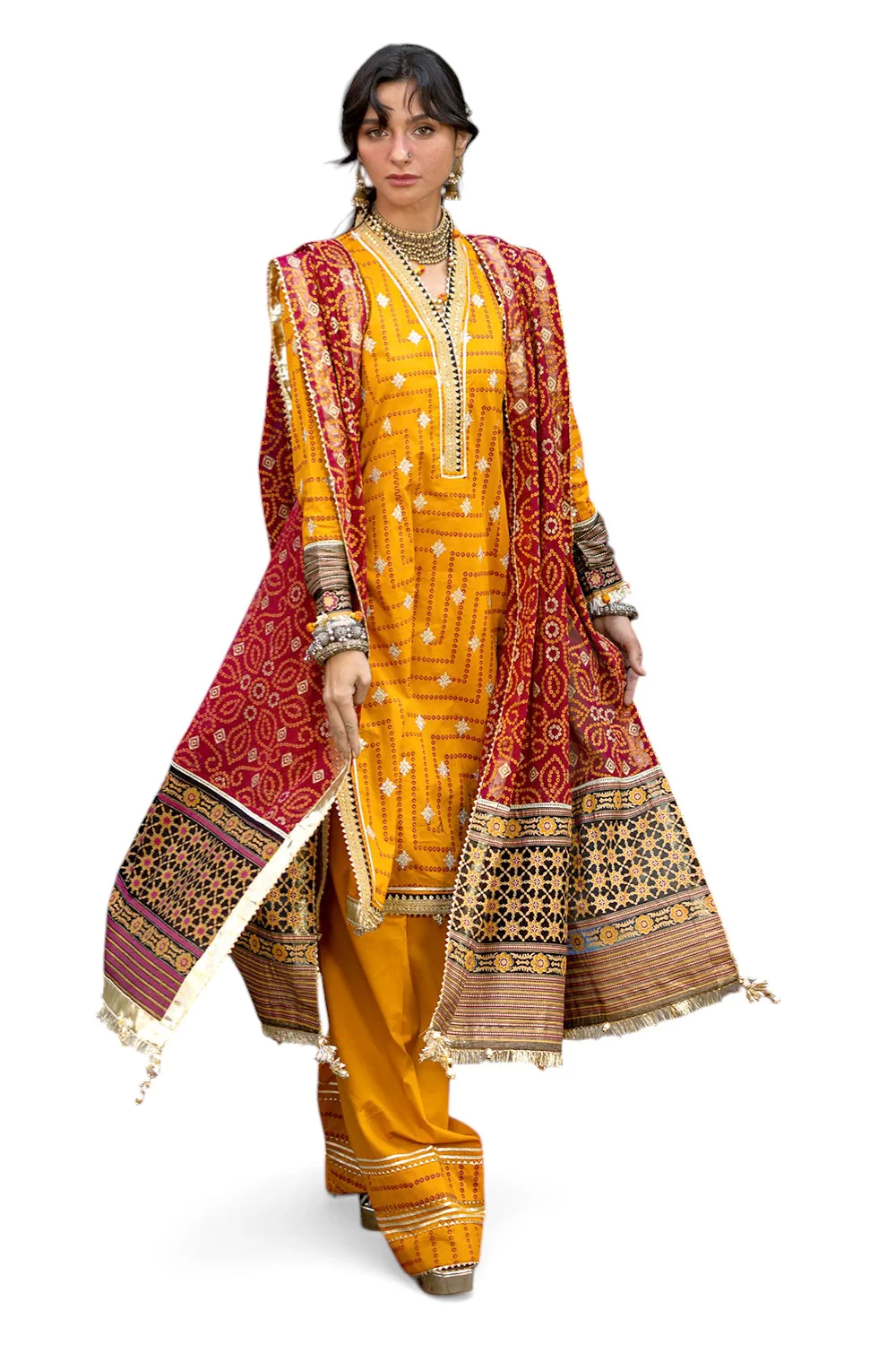 3 Piece Embroidered Gold and Lacquer Printed Lawn Suit with Gold and Lacquer Pri
