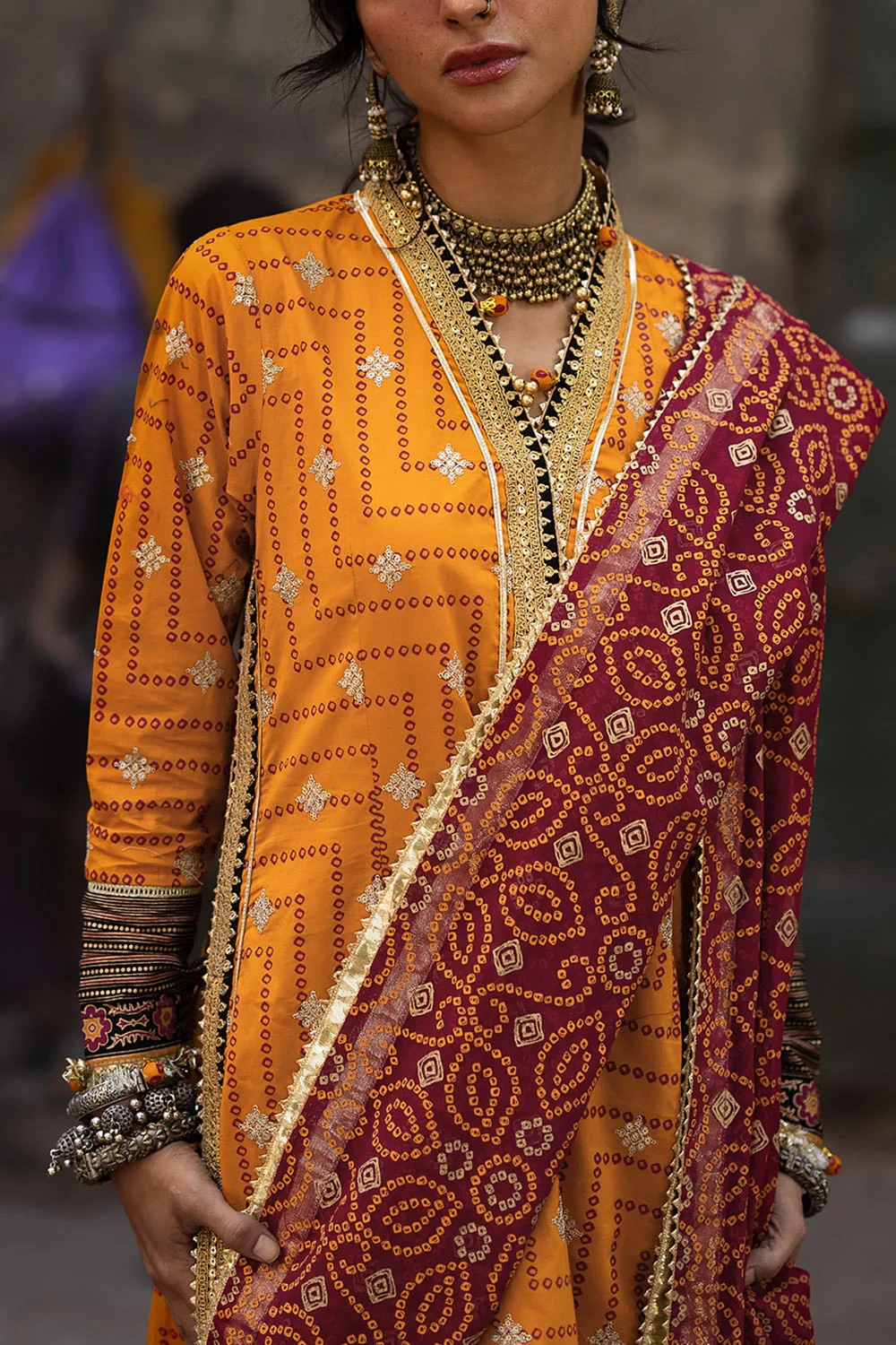 3 Piece Embroidered Gold and Lacquer Printed Lawn Suit with Gold and Lacquer Pri