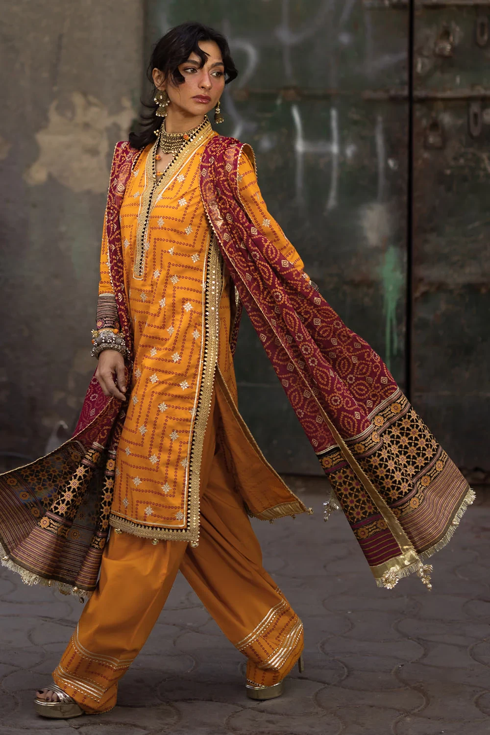 3 Piece Embroidered Gold and Lacquer Printed Lawn Suit with Gold and Lacquer Pri