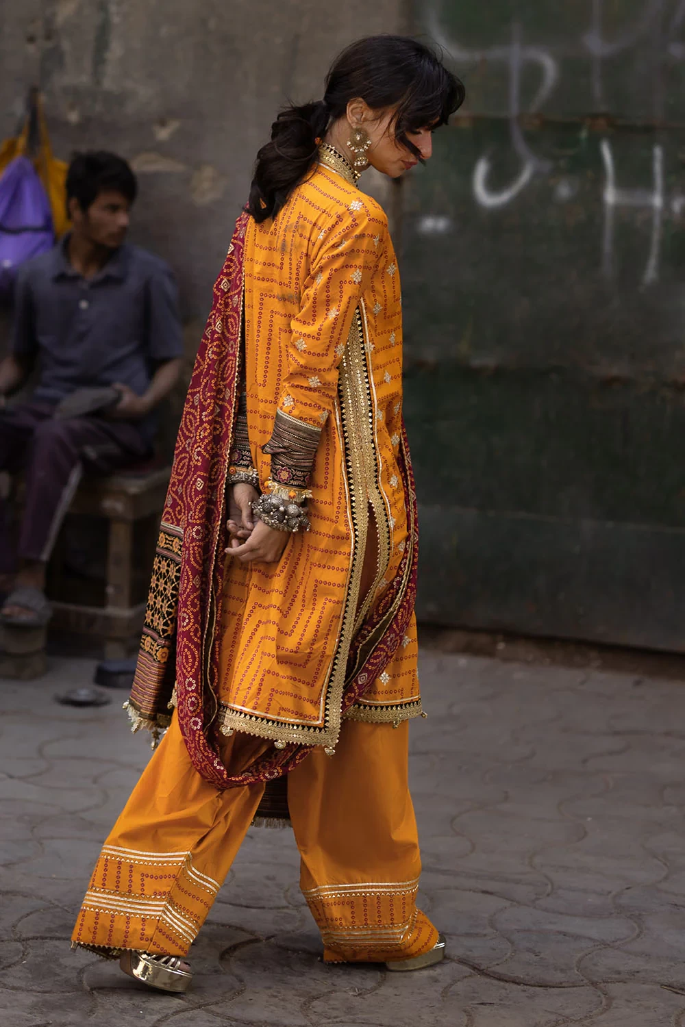 3 Piece Embroidered Gold and Lacquer Printed Lawn Suit with Gold and Lacquer Pri