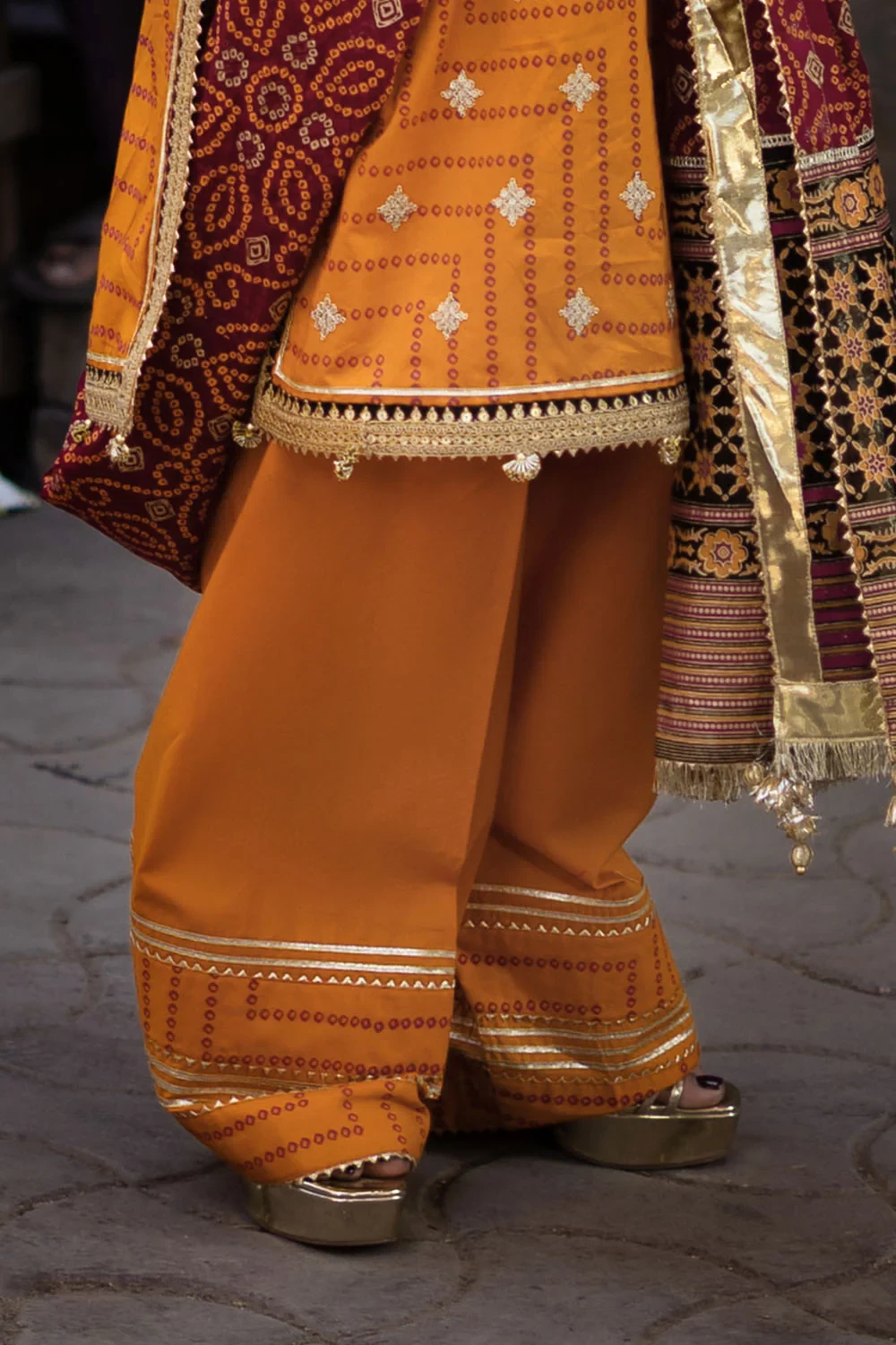 3 Piece Embroidered Gold and Lacquer Printed Lawn Suit with Gold and Lacquer Pri