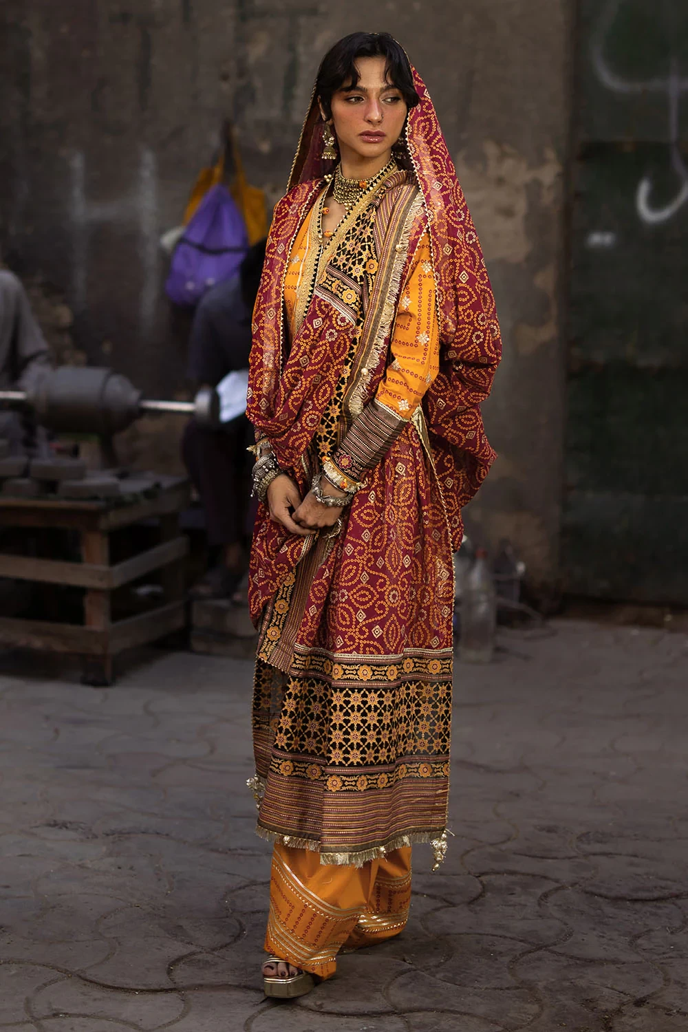 3 Piece Embroidered Gold and Lacquer Printed Lawn Suit with Gold and Lacquer Pri