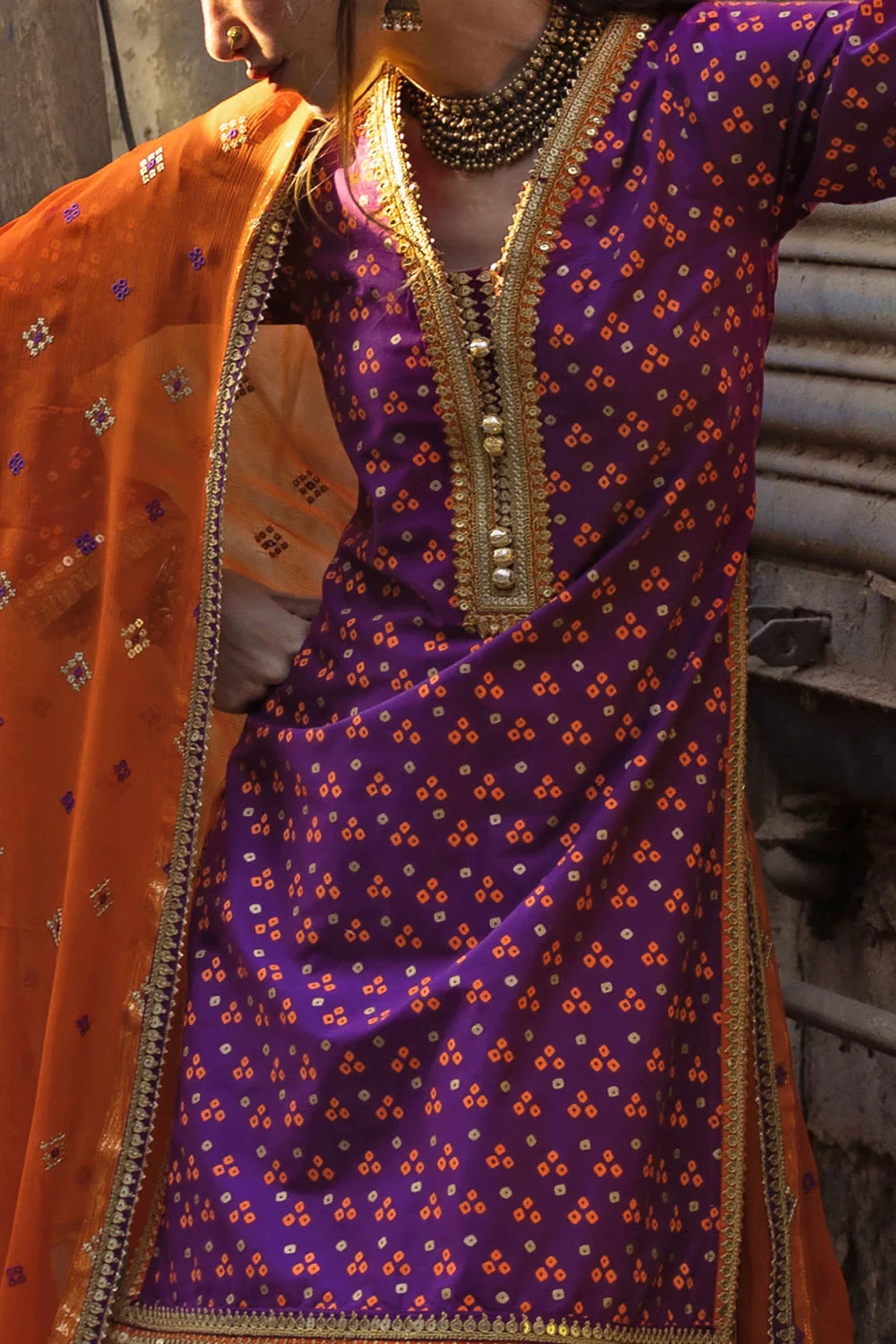 3 Piece Gold and Lacquer Printed Lawn Suit with Embroidered Chiffon Dupatta and 