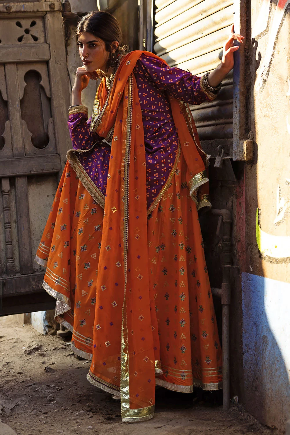 3 Piece Gold and Lacquer Printed Lawn Suit with Embroidered Chiffon Dupatta and 