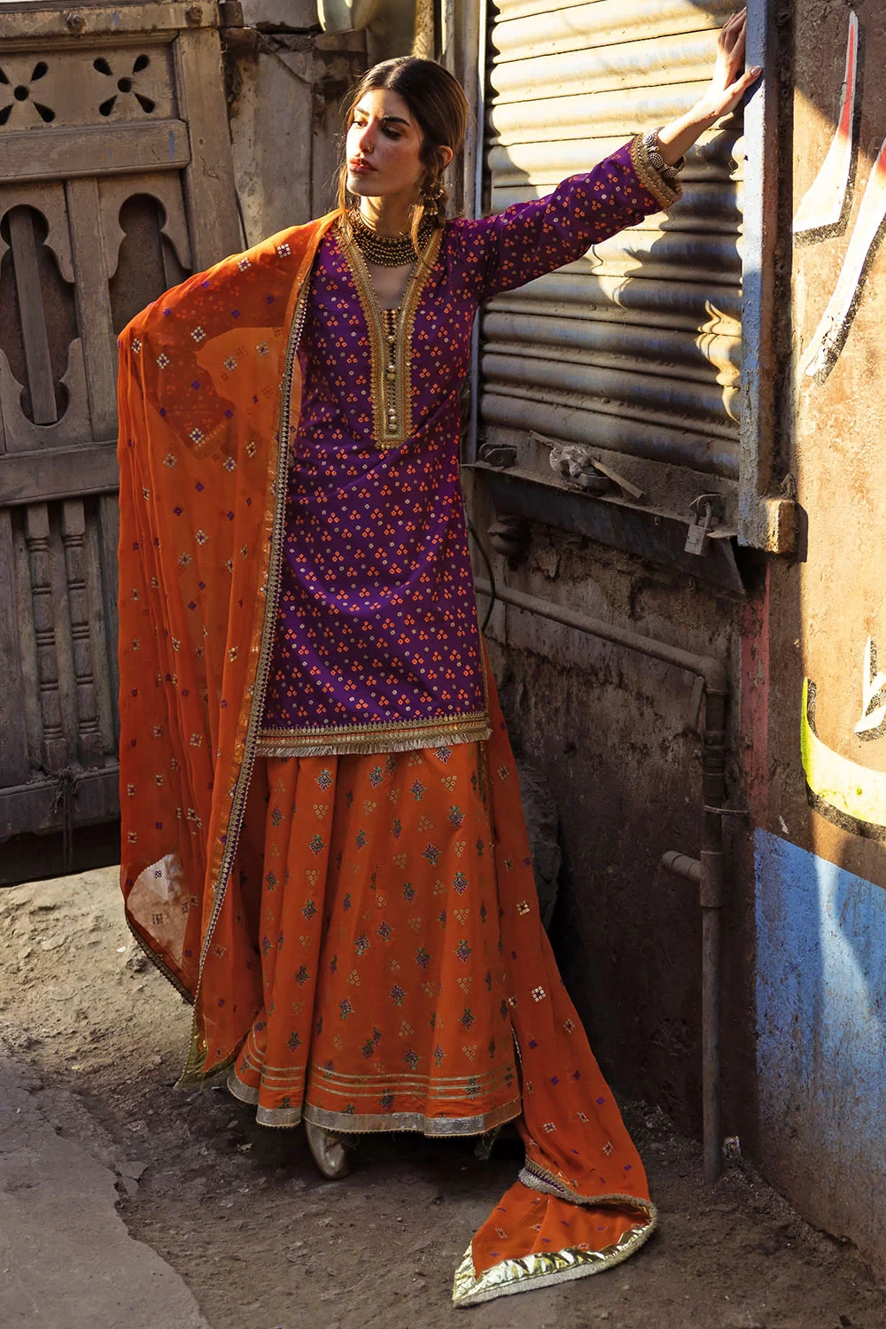 3 Piece Gold and Lacquer Printed Lawn Suit with Embroidered Chiffon Dupatta and 