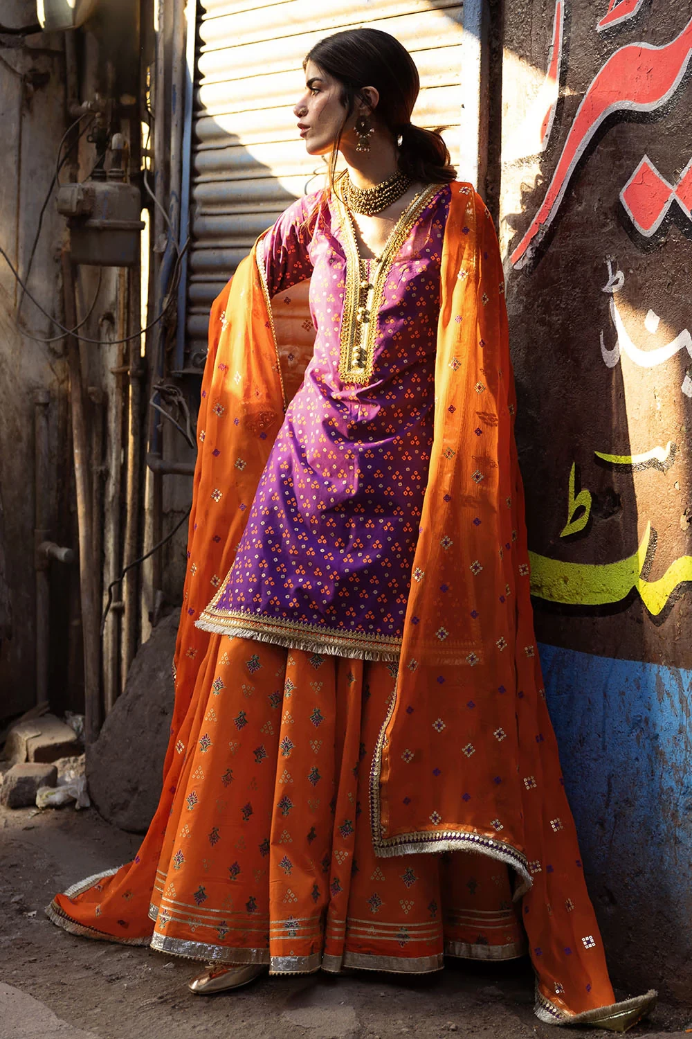 3 Piece Gold and Lacquer Printed Lawn Suit with Embroidered Chiffon Dupatta and 