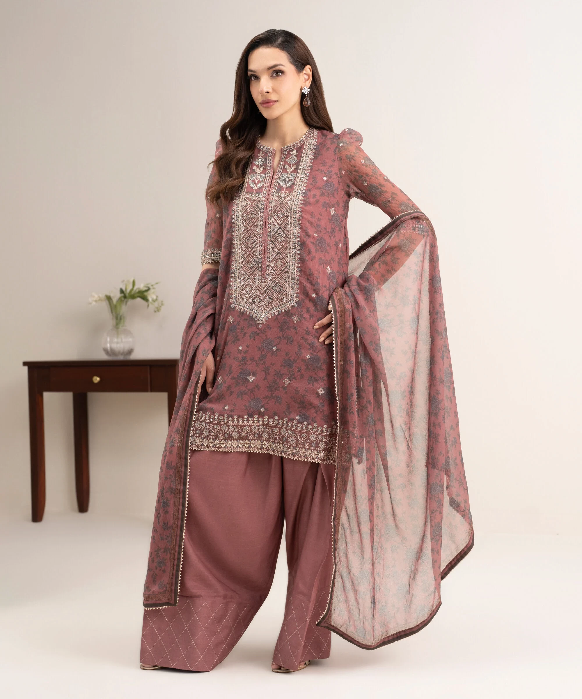 3 Piece Embroidered Chiffon Suit - FELXS26V125B