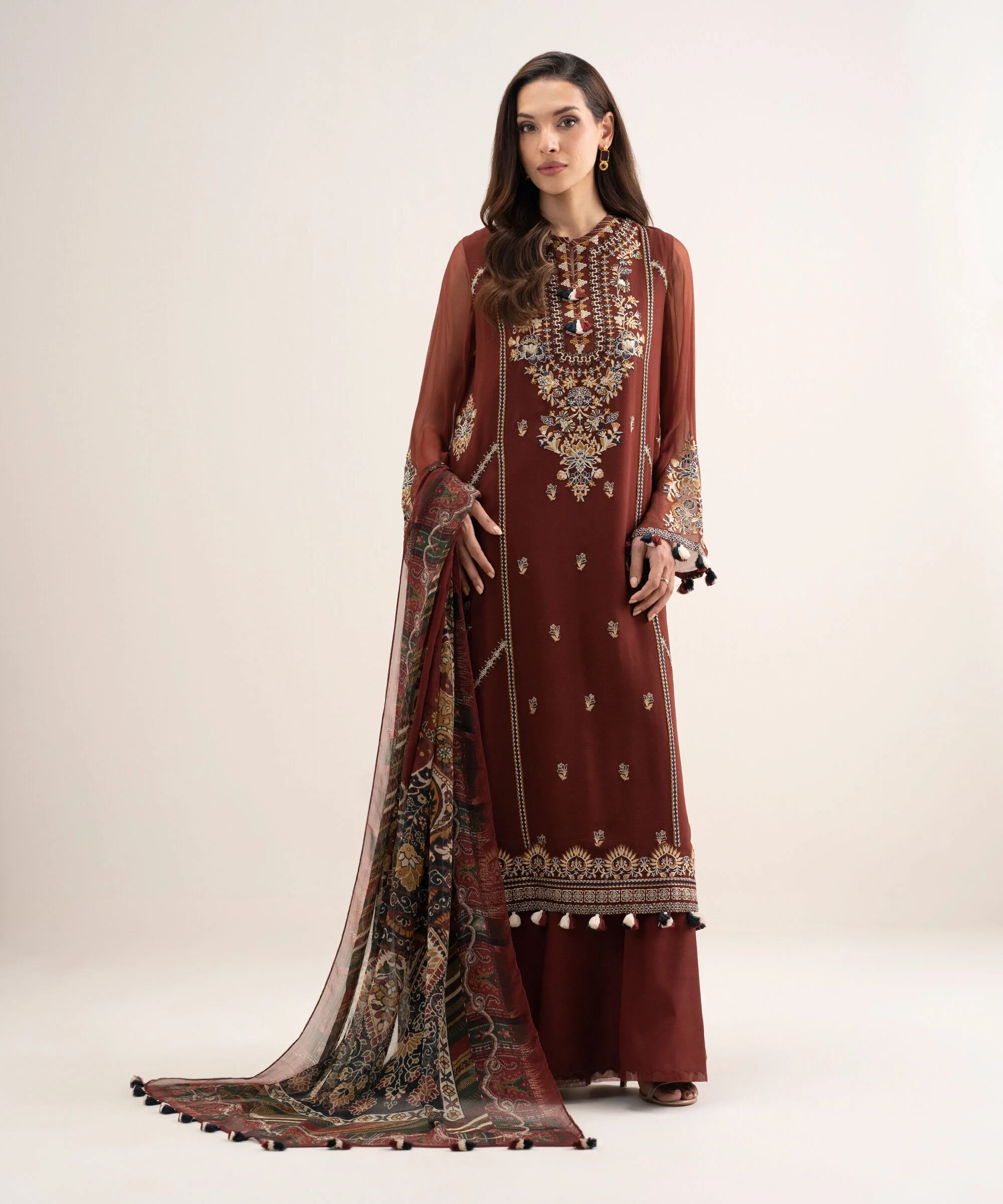 3 Piece Embroidered Chiffon Suit - U3FELXS26V22