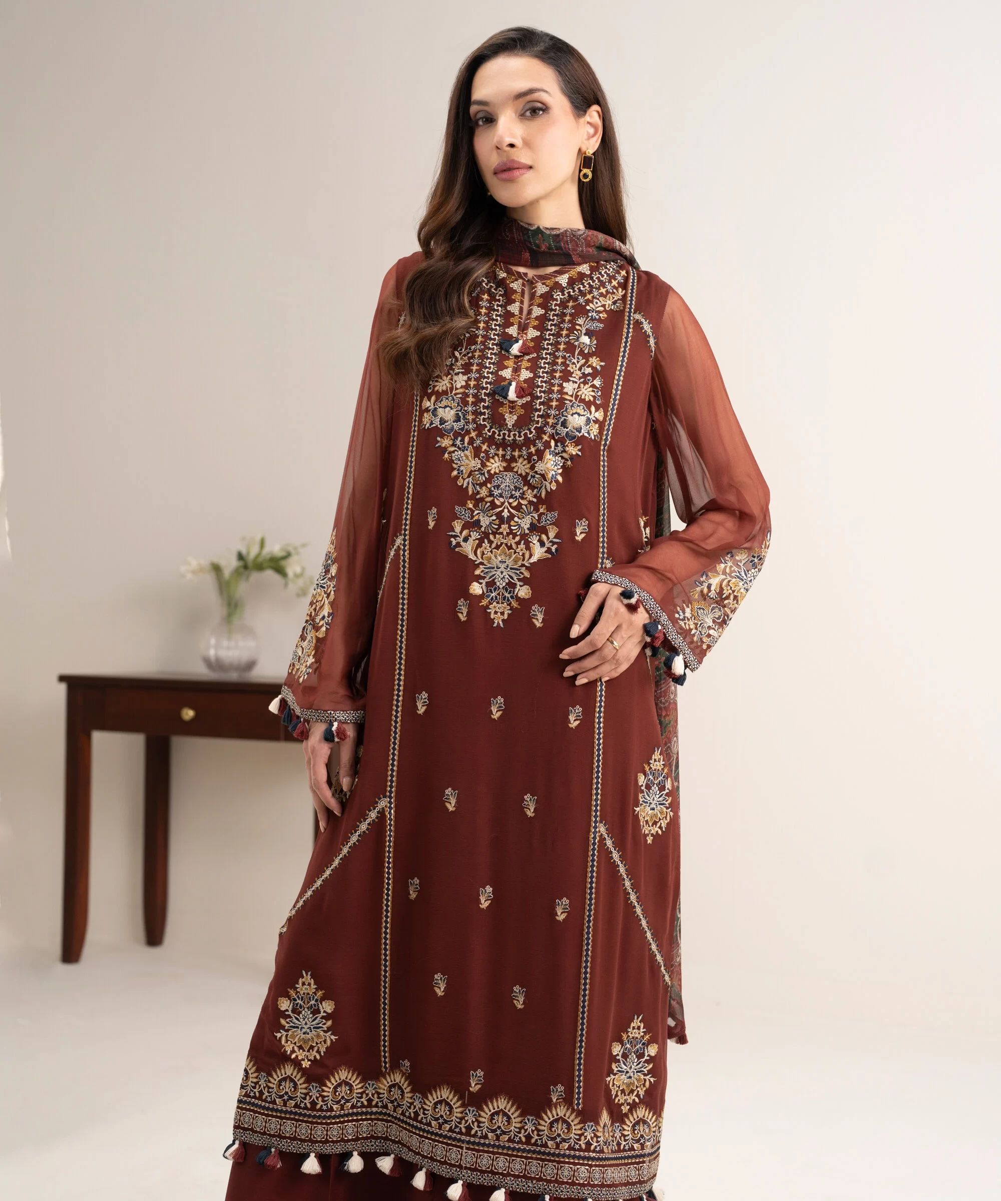 3 Piece Embroidered Chiffon Suit - U3FELXS26V22