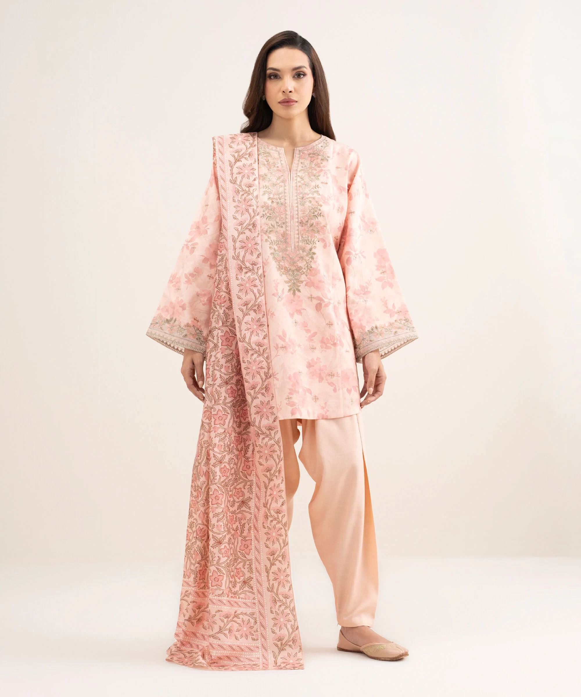 3 Piece Embroidered Raw Silk Suit - 3FELXS26V116
