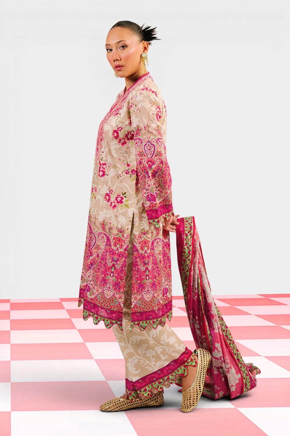 3 Piece Printed Cotton Suit with Printed Denting Lawn Dupatta and Embroidered Ne