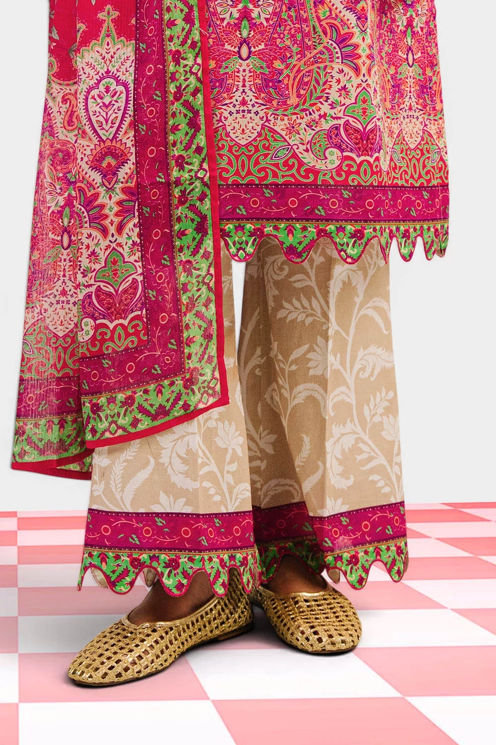 3 Piece Printed Cotton Suit with Printed Denting Lawn Dupatta and Embroidered Ne