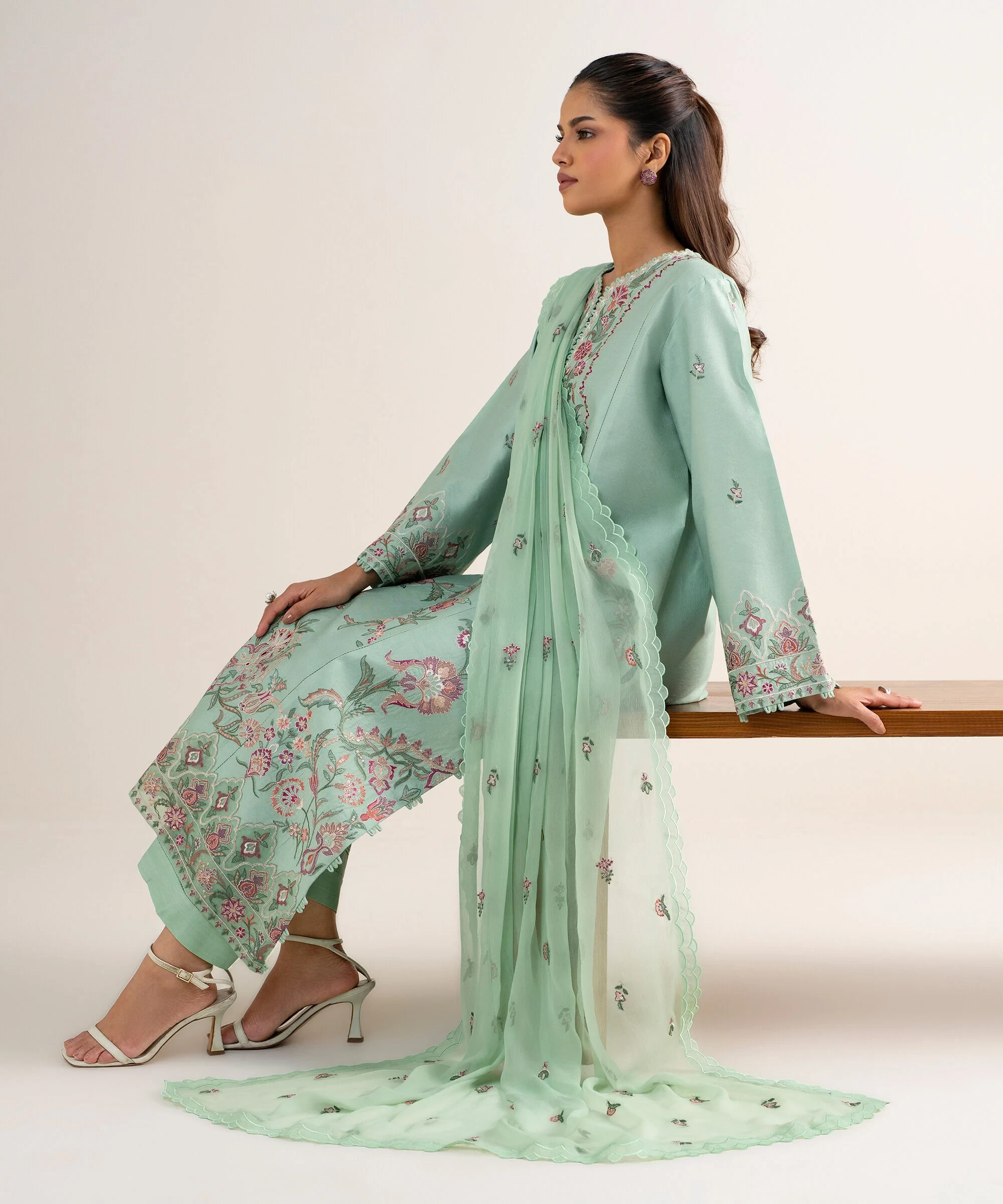 3 Piece - Embroidered Cotton Net Suit -  3PELXS26V711