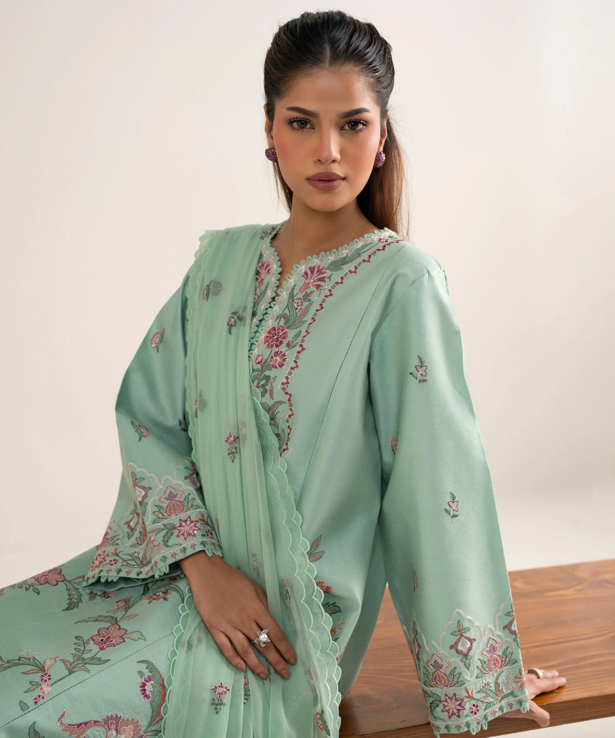 3 Piece - Embroidered Cotton Net Suit -  3PELXS26V711