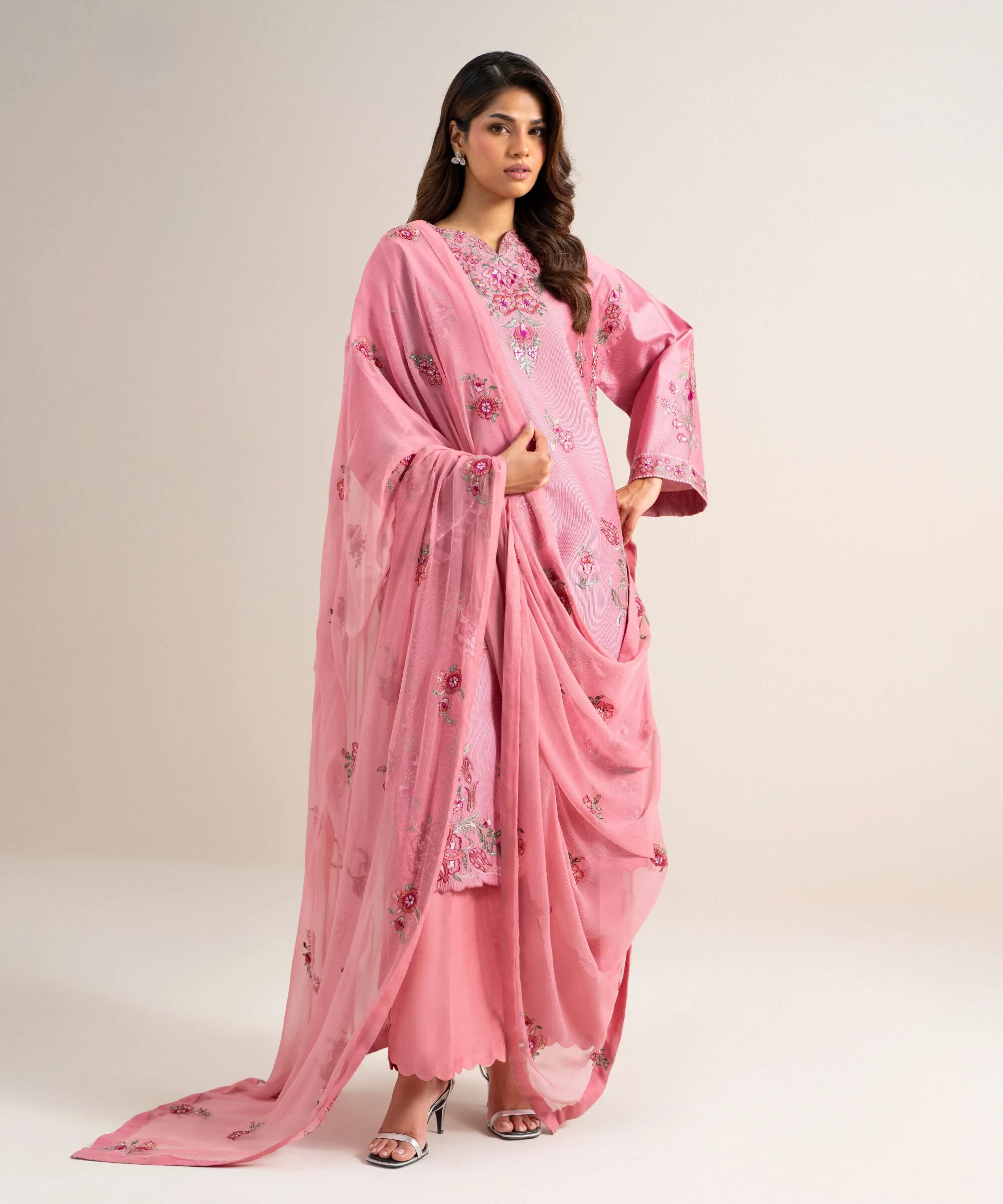 3 Piece - Embroidered Cotton Net Suit - 3PELXS26V710