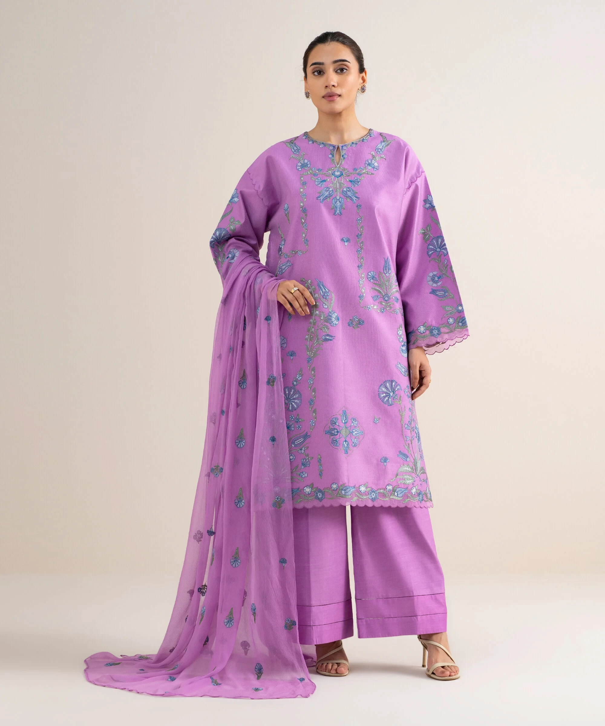 3 Piece - Embroidered Cotton Net Suit - U3PELXS26V79