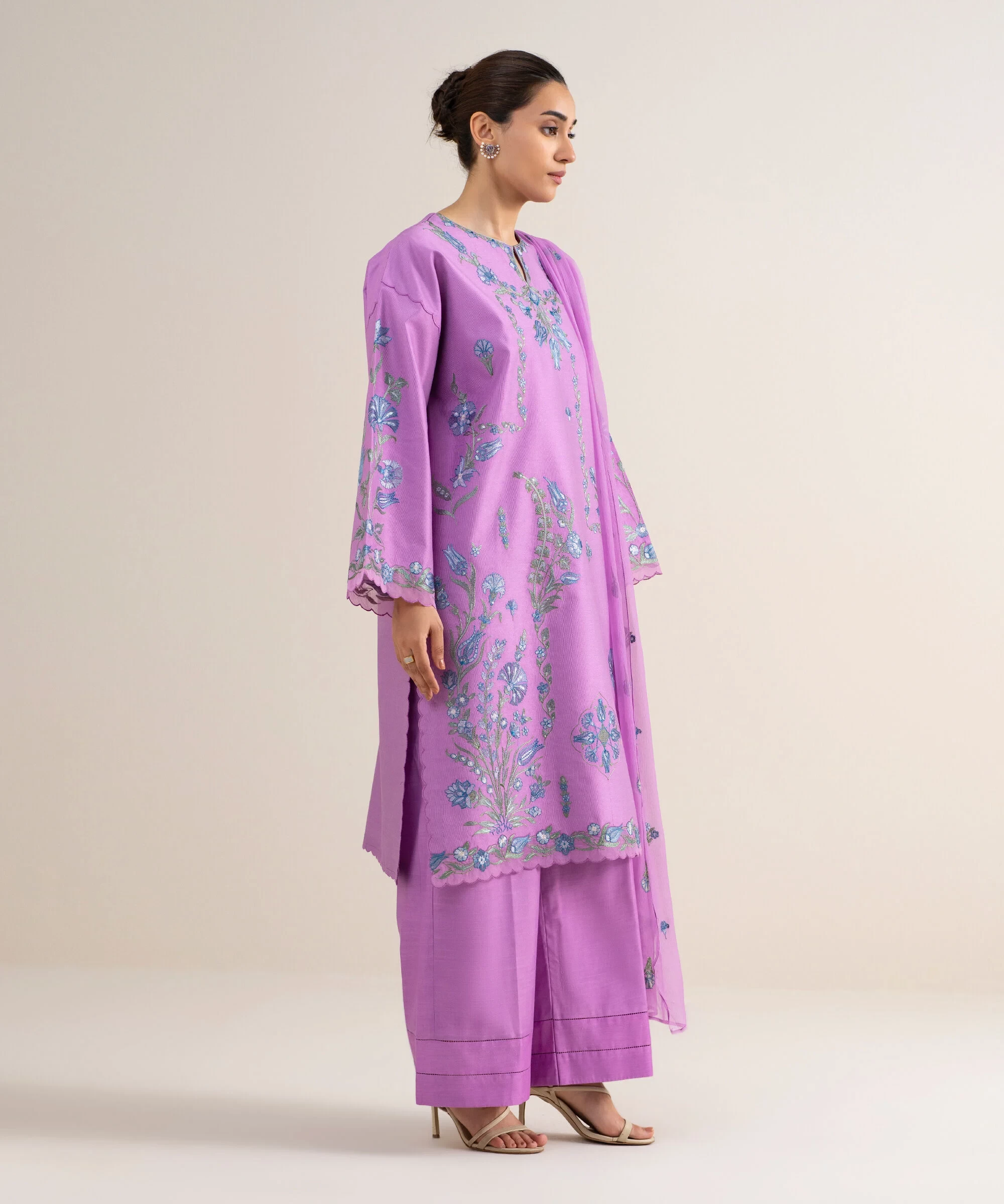 3 Piece - Embroidered Cotton Net Suit - U3PELXS26V79