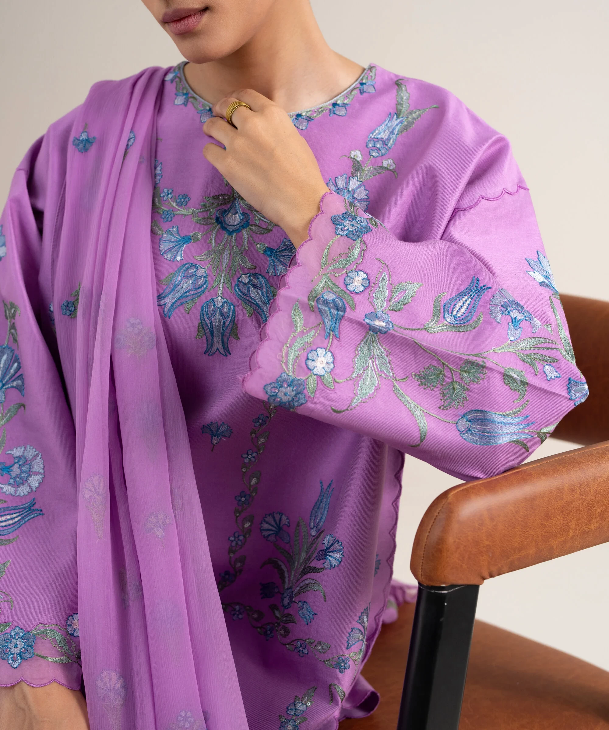 3 Piece - Embroidered Cotton Net Suit - U3PELXS26V79