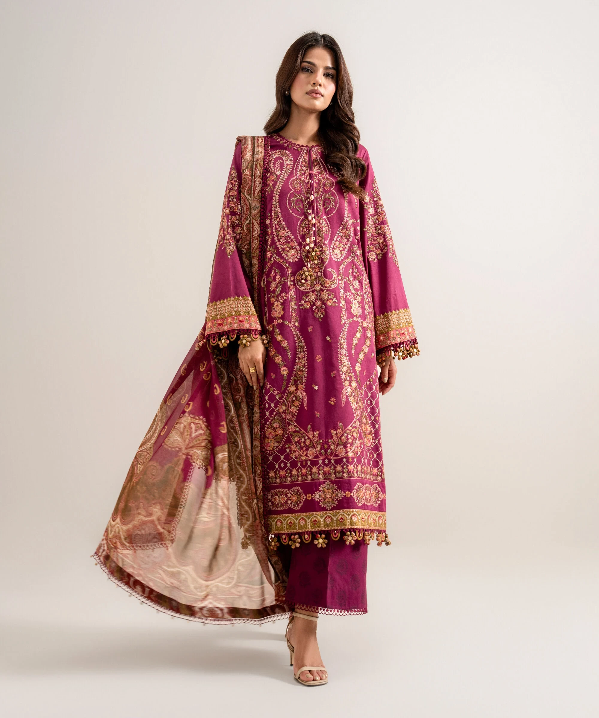3 Piece - Embroidered Cotton Satin Suit - 3PELXS26V830
