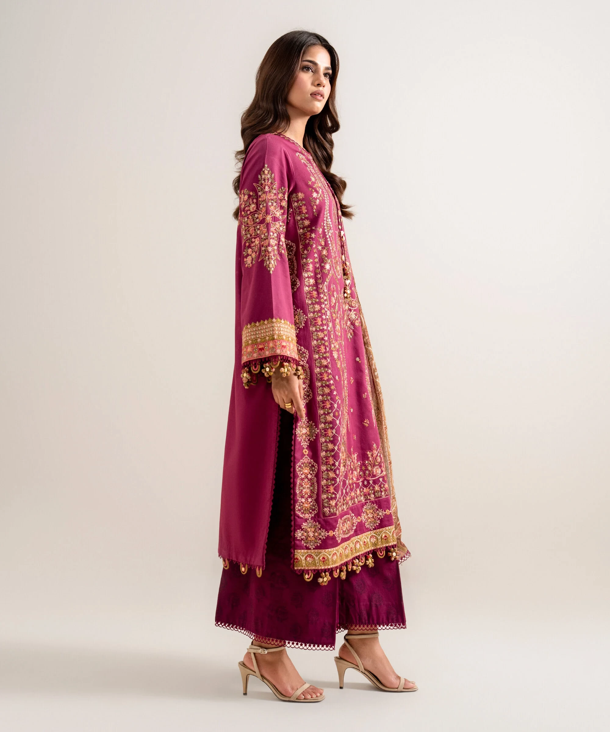3 Piece - Embroidered Cotton Satin Suit - 3PELXS26V830