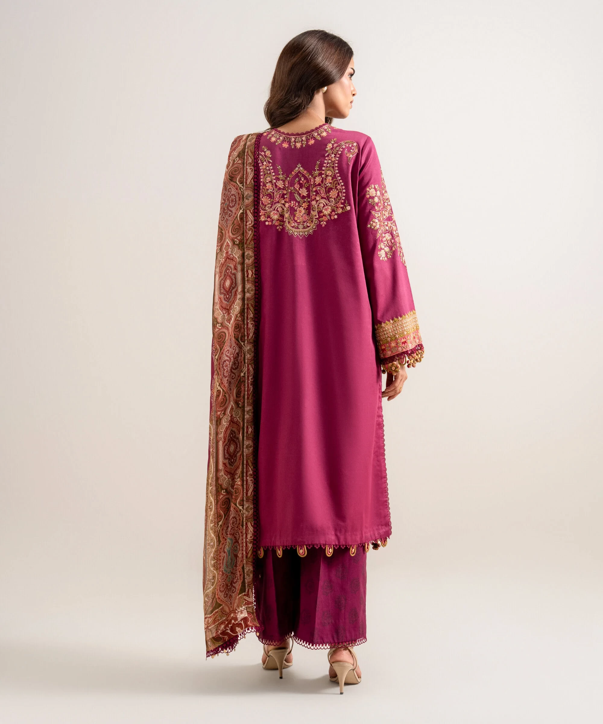 3 Piece - Embroidered Cotton Satin Suit - 3PELXS26V830