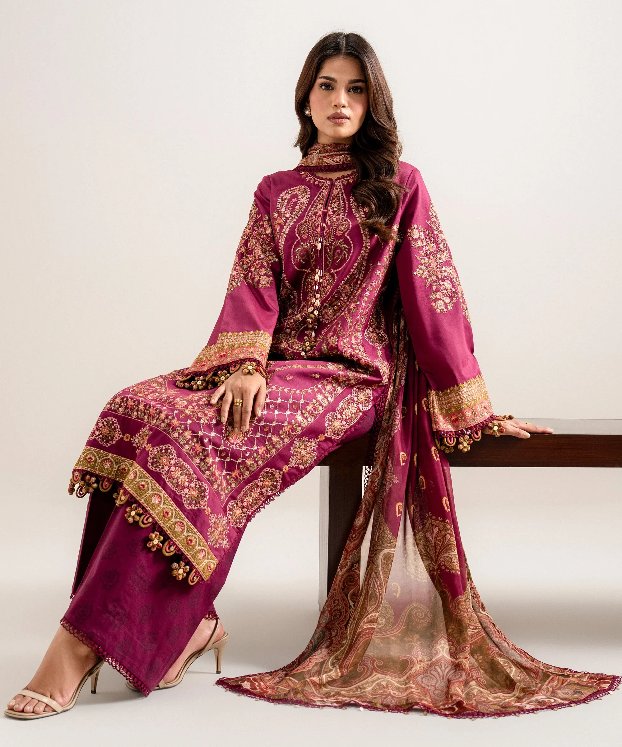 3 Piece - Embroidered Cotton Satin Suit - 3PELXS26V830