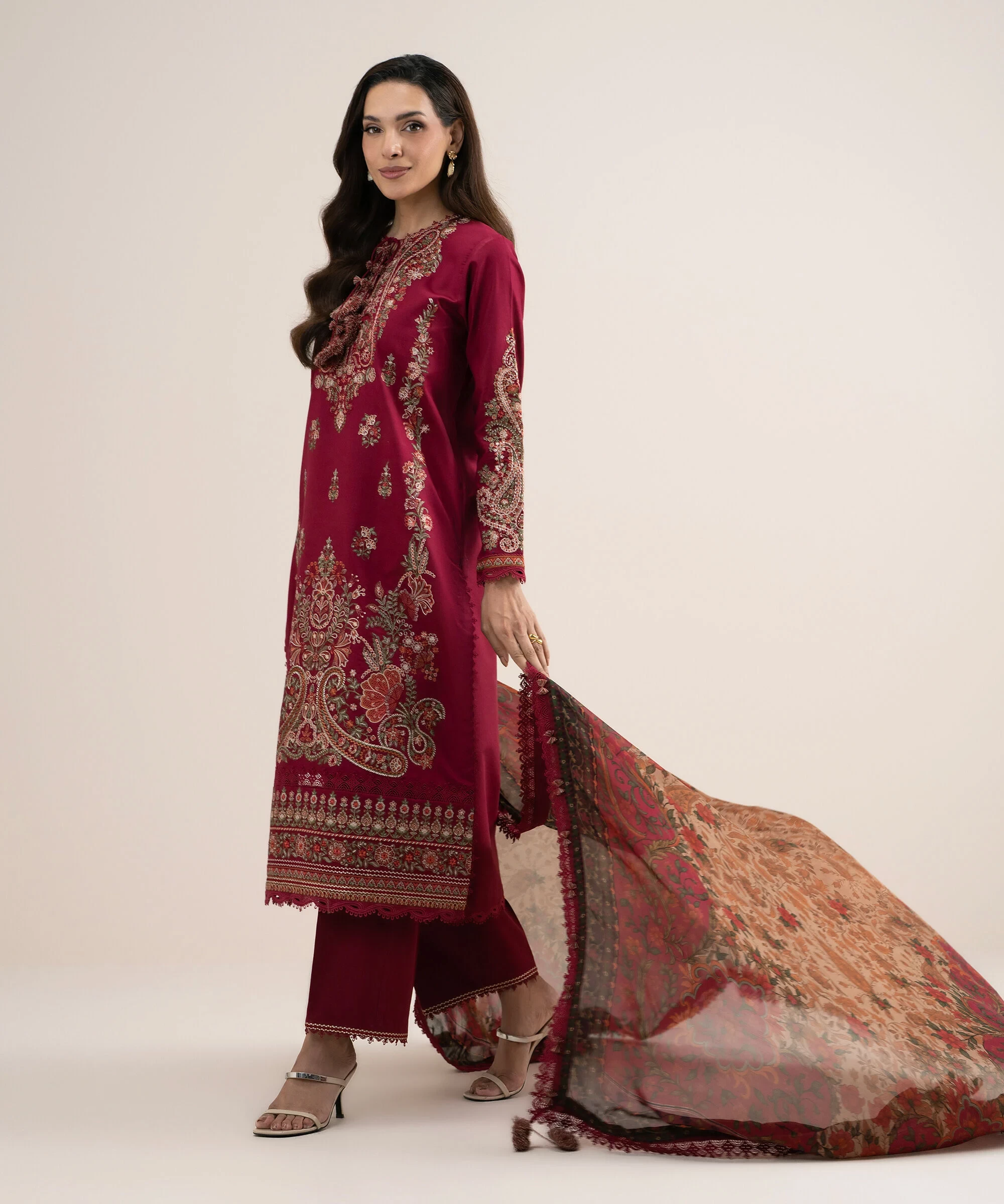 3 Piece - Embroidered Cotton Satin Suit - 3PELXS26V832