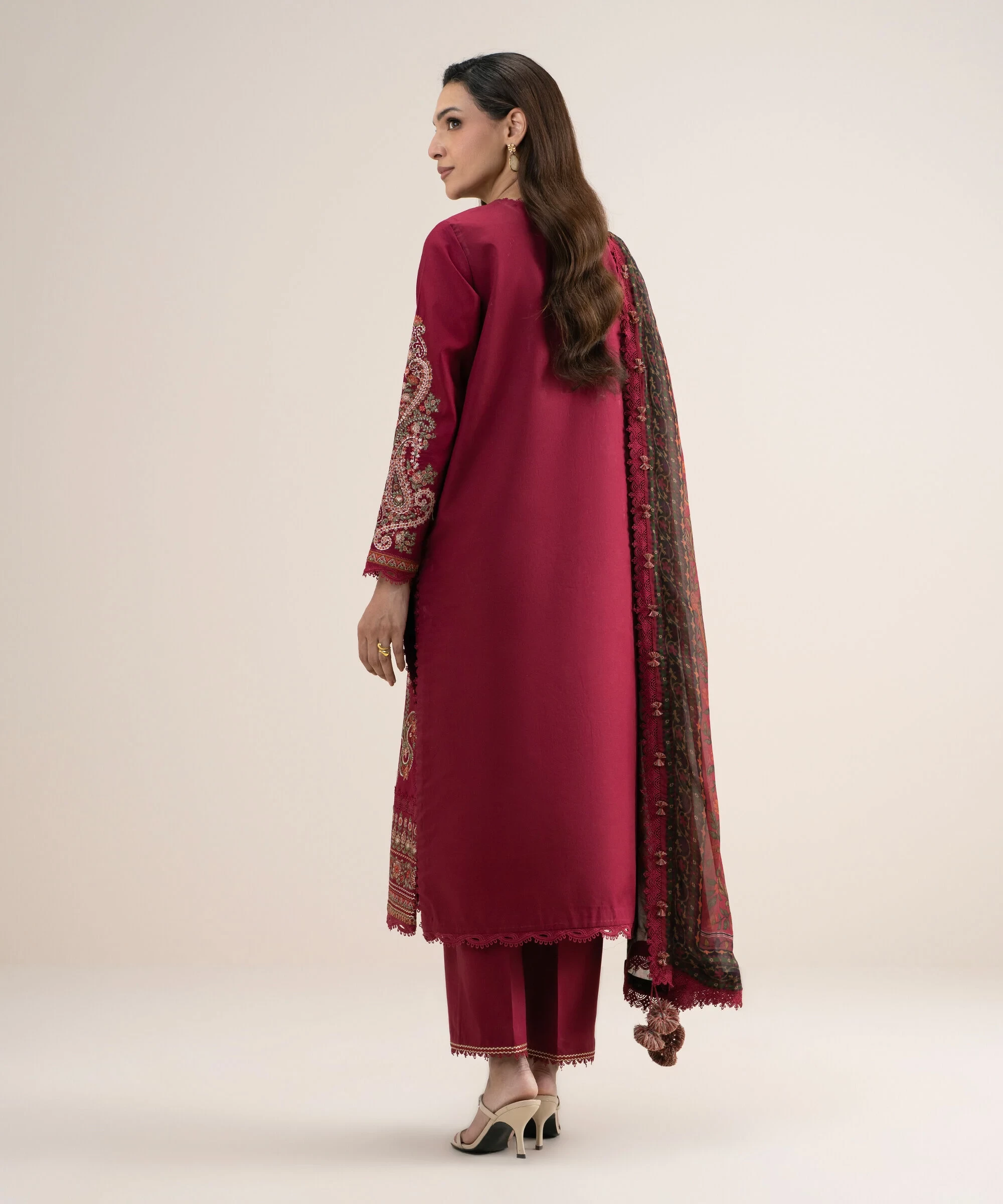 3 Piece - Embroidered Cotton Satin Suit - 3PELXS26V832