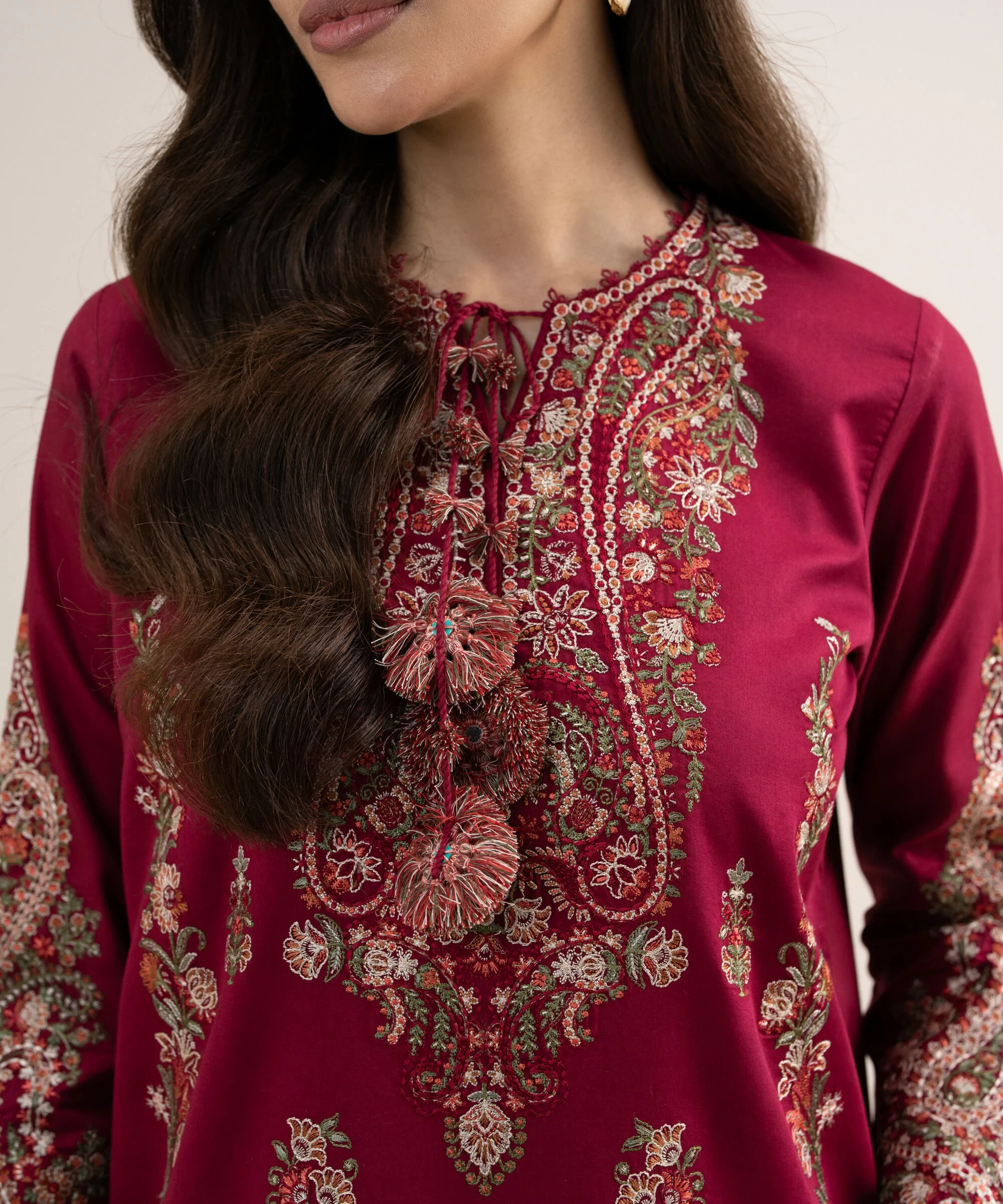 3 Piece - Embroidered Cotton Satin Suit - 3PELXS26V832