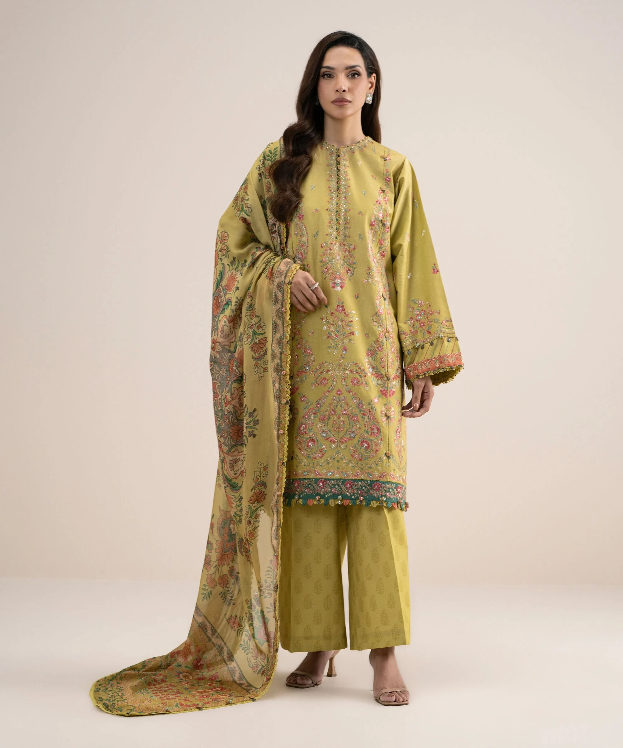 3 Piece - Embroidered Cotton Satin Suit - 3PELXS26V829