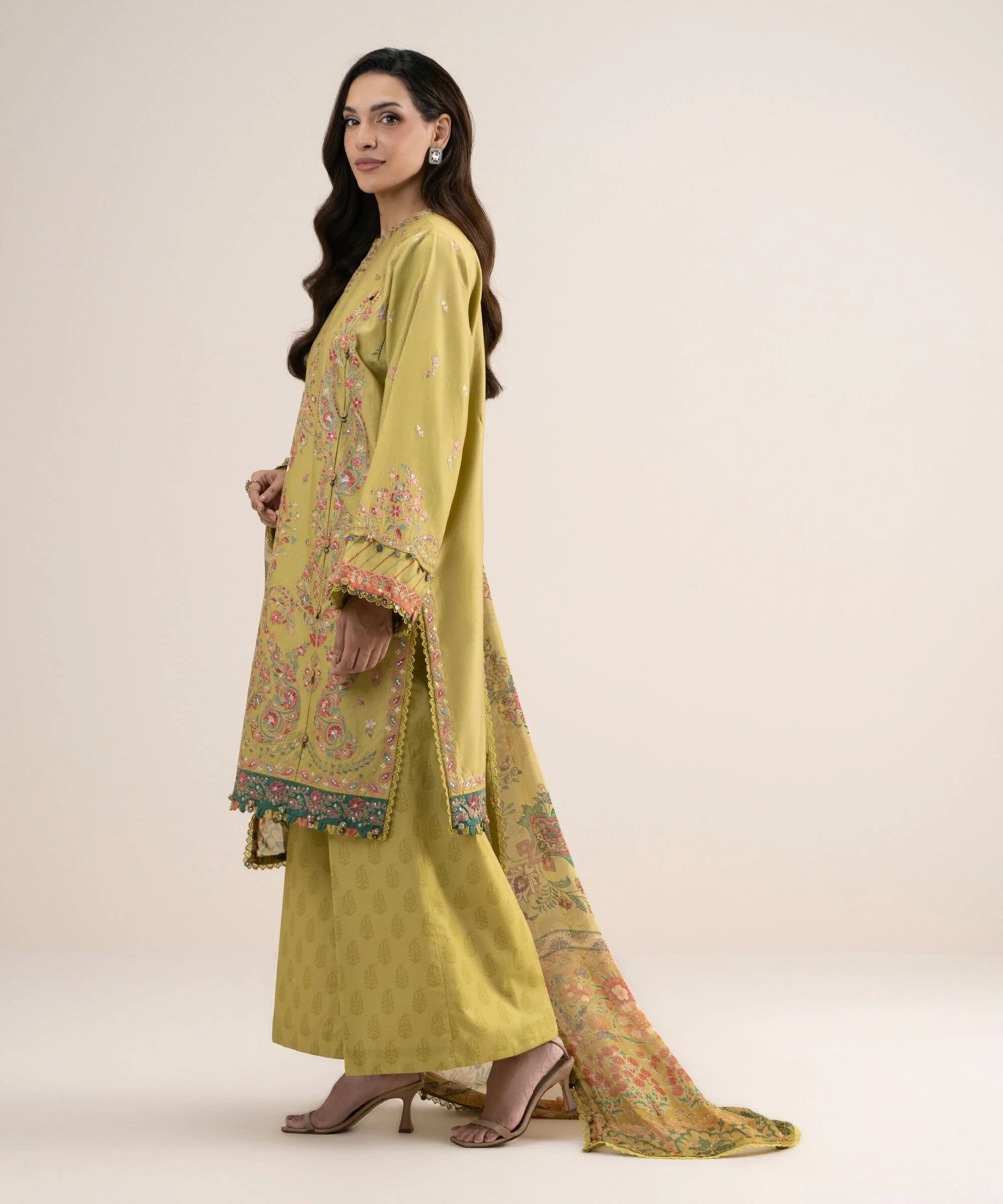 3 Piece - Embroidered Cotton Satin Suit - 3PELXS26V829