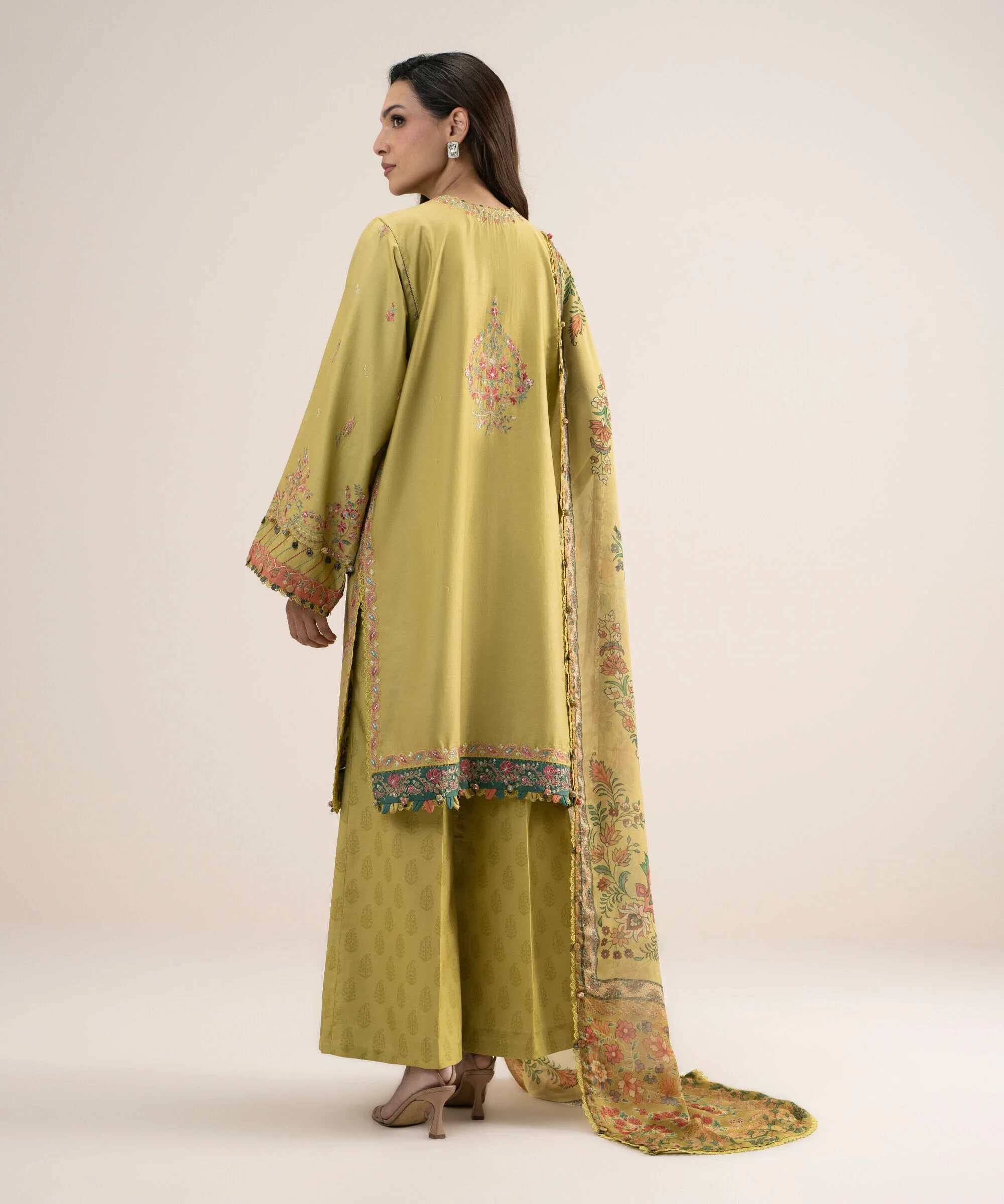 3 Piece - Embroidered Cotton Satin Suit - 3PELXS26V829