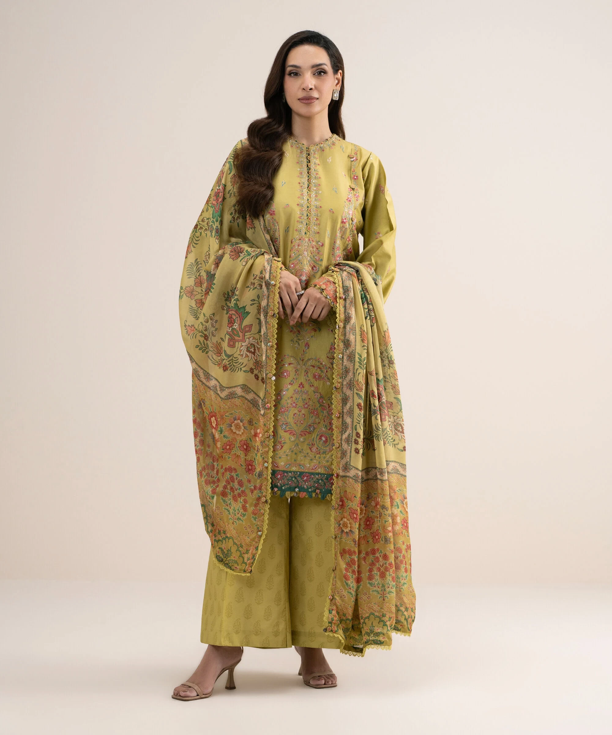 3 Piece - Embroidered Cotton Satin Suit - 3PELXS26V829