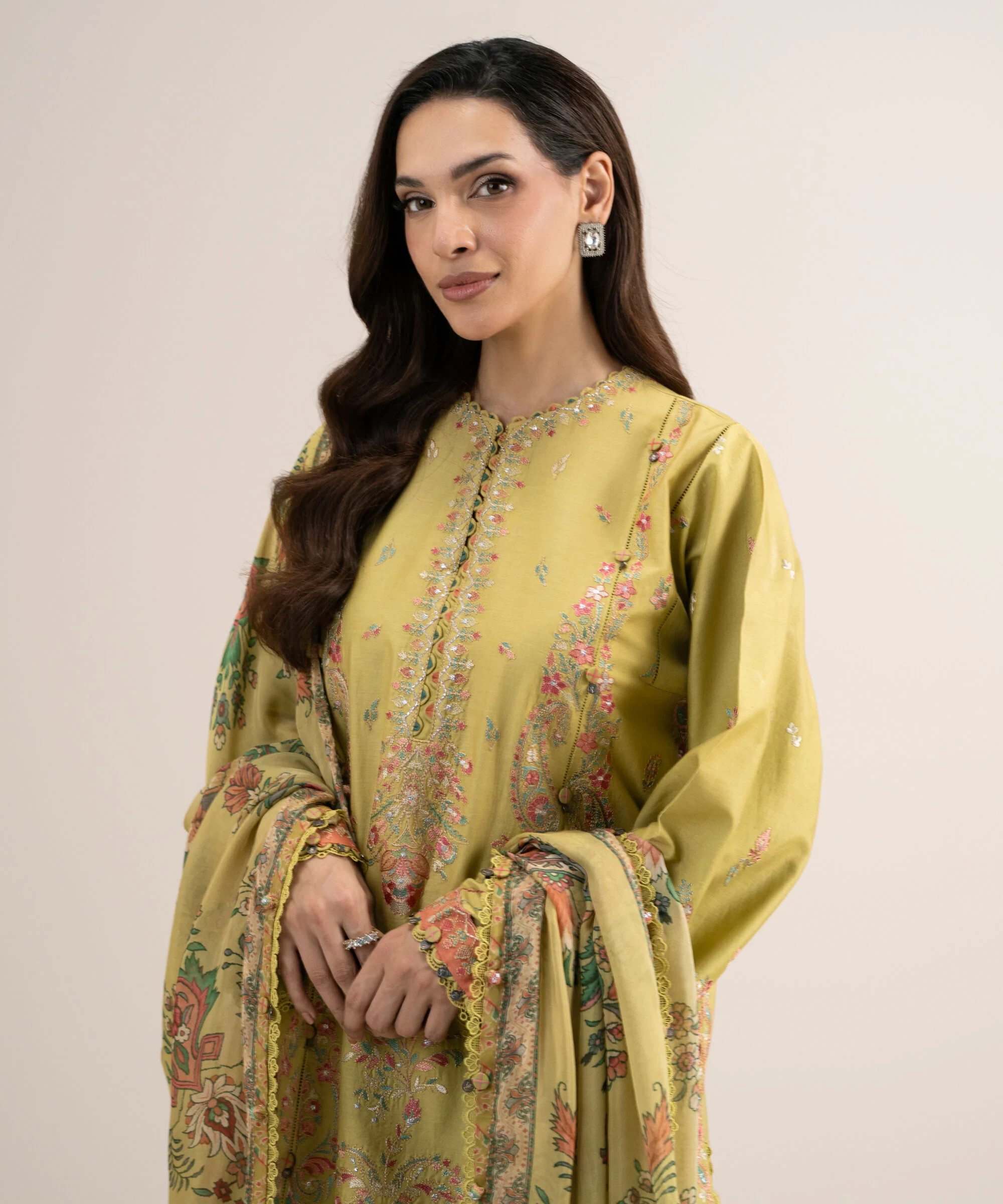 3 Piece - Embroidered Cotton Satin Suit - 3PELXS26V829