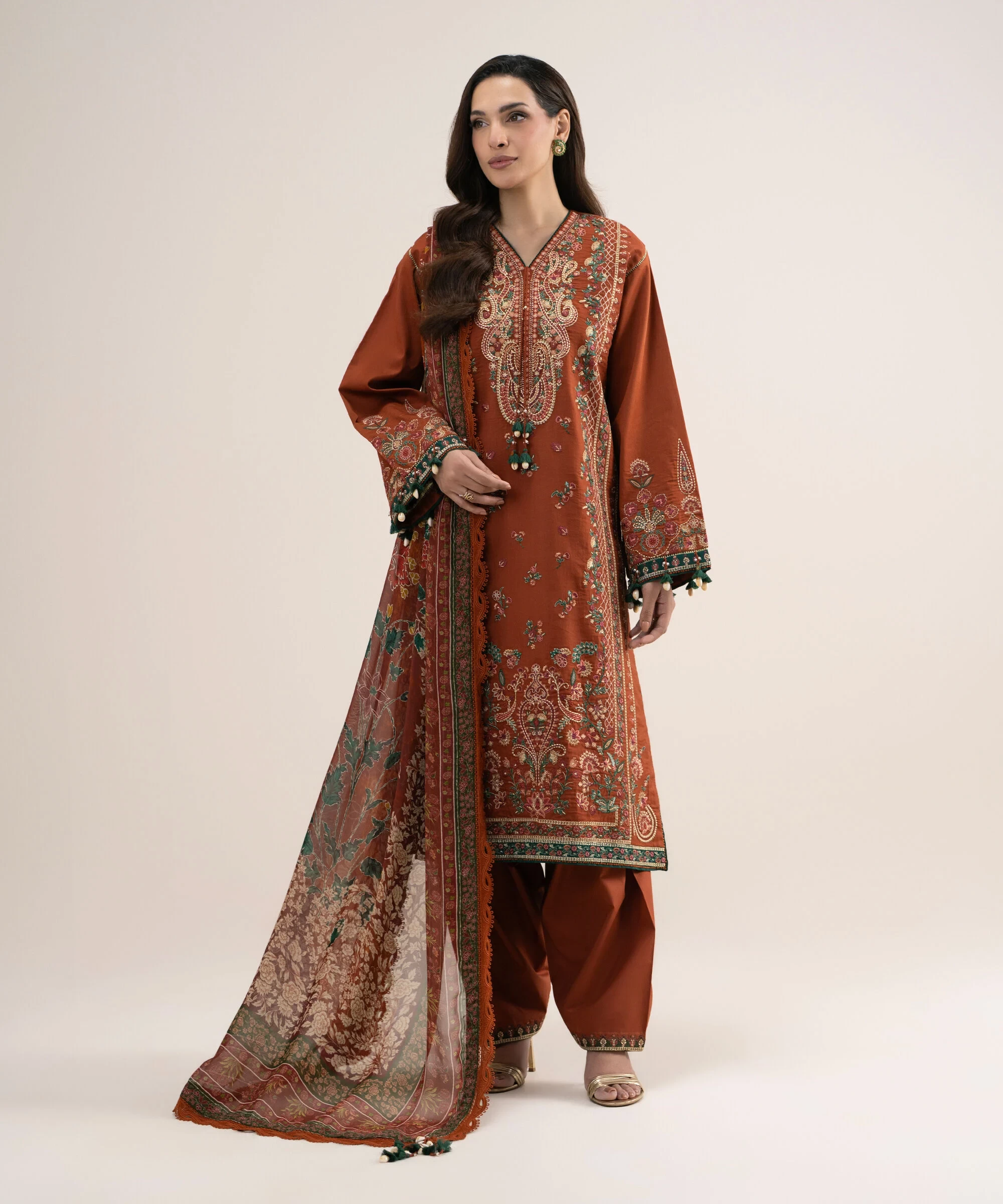 3 Piece - Embroidered Cotton Satin Suit - 3PELXS26V831