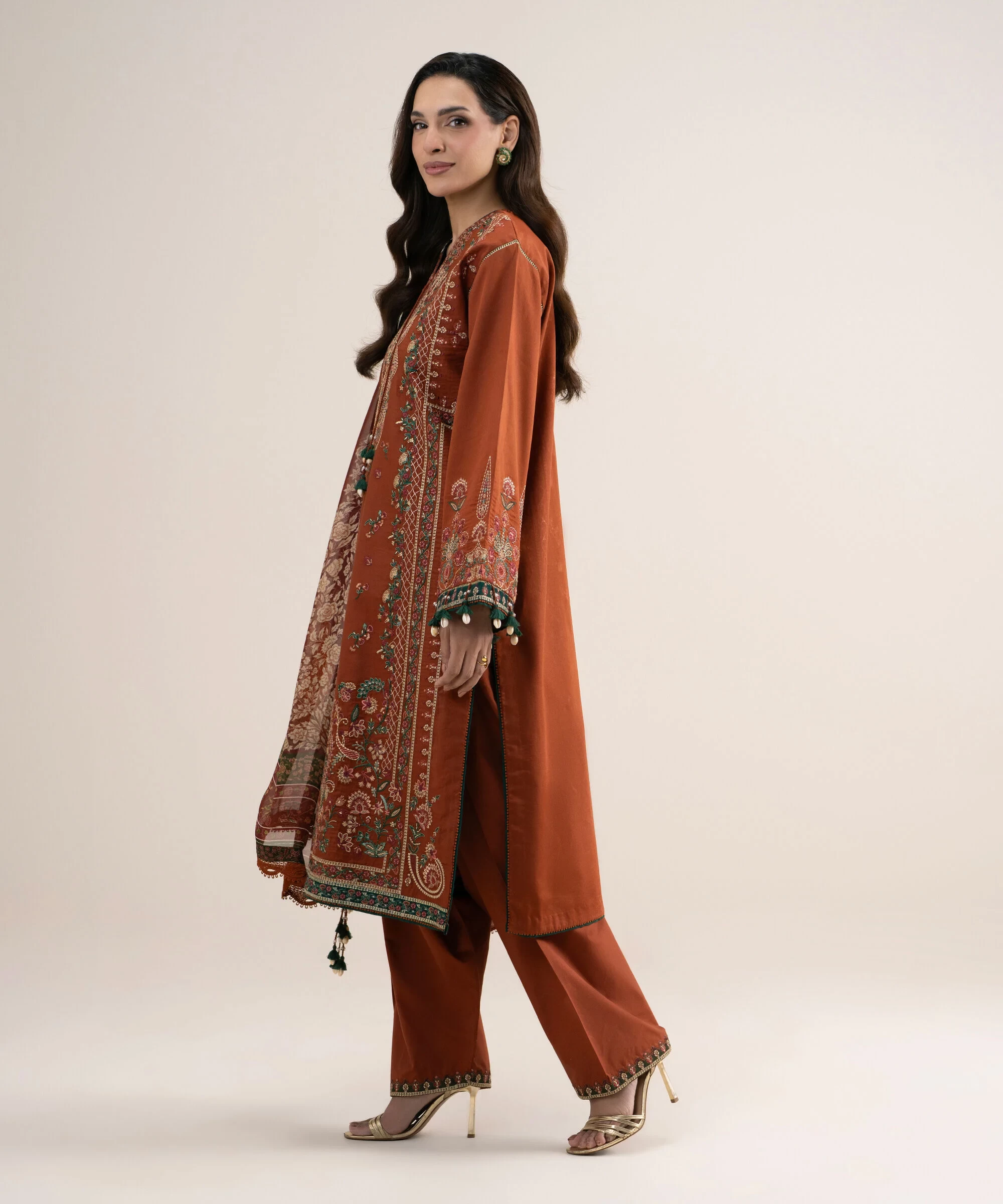3 Piece - Embroidered Cotton Satin Suit - 3PELXS26V831