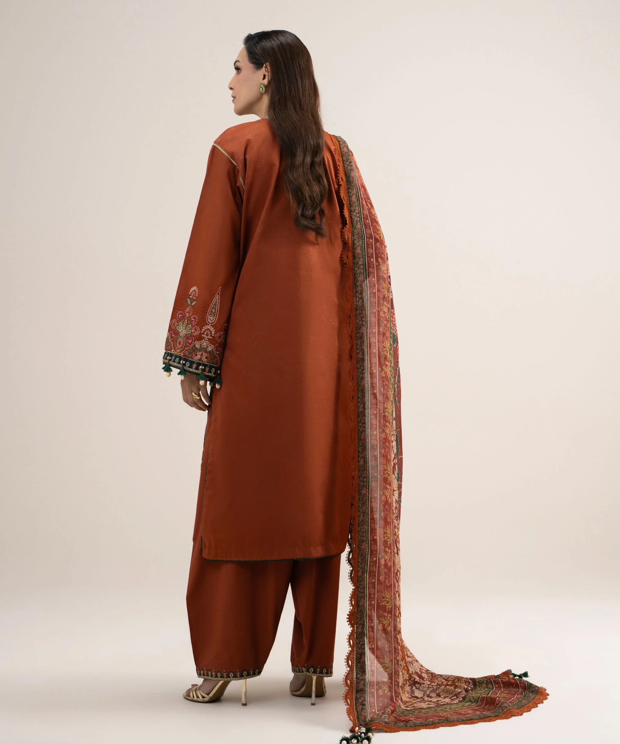 3 Piece - Embroidered Cotton Satin Suit - 3PELXS26V831