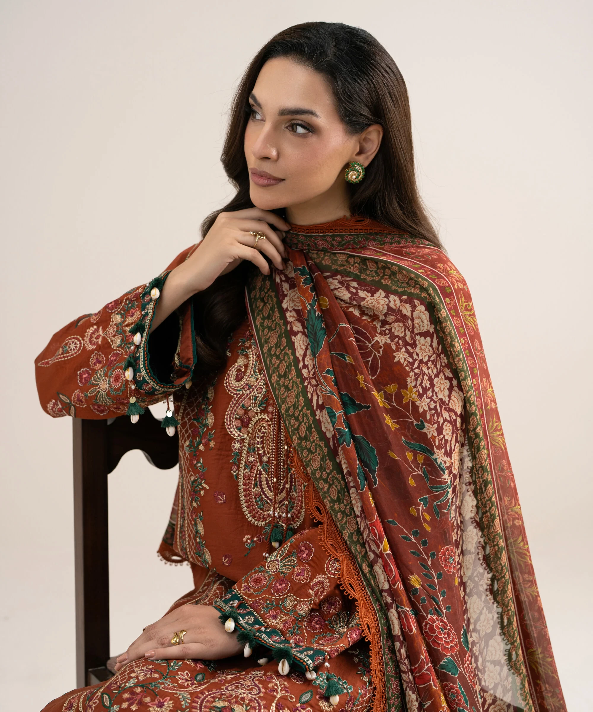 3 Piece - Embroidered Cotton Satin Suit - 3PELXS26V831