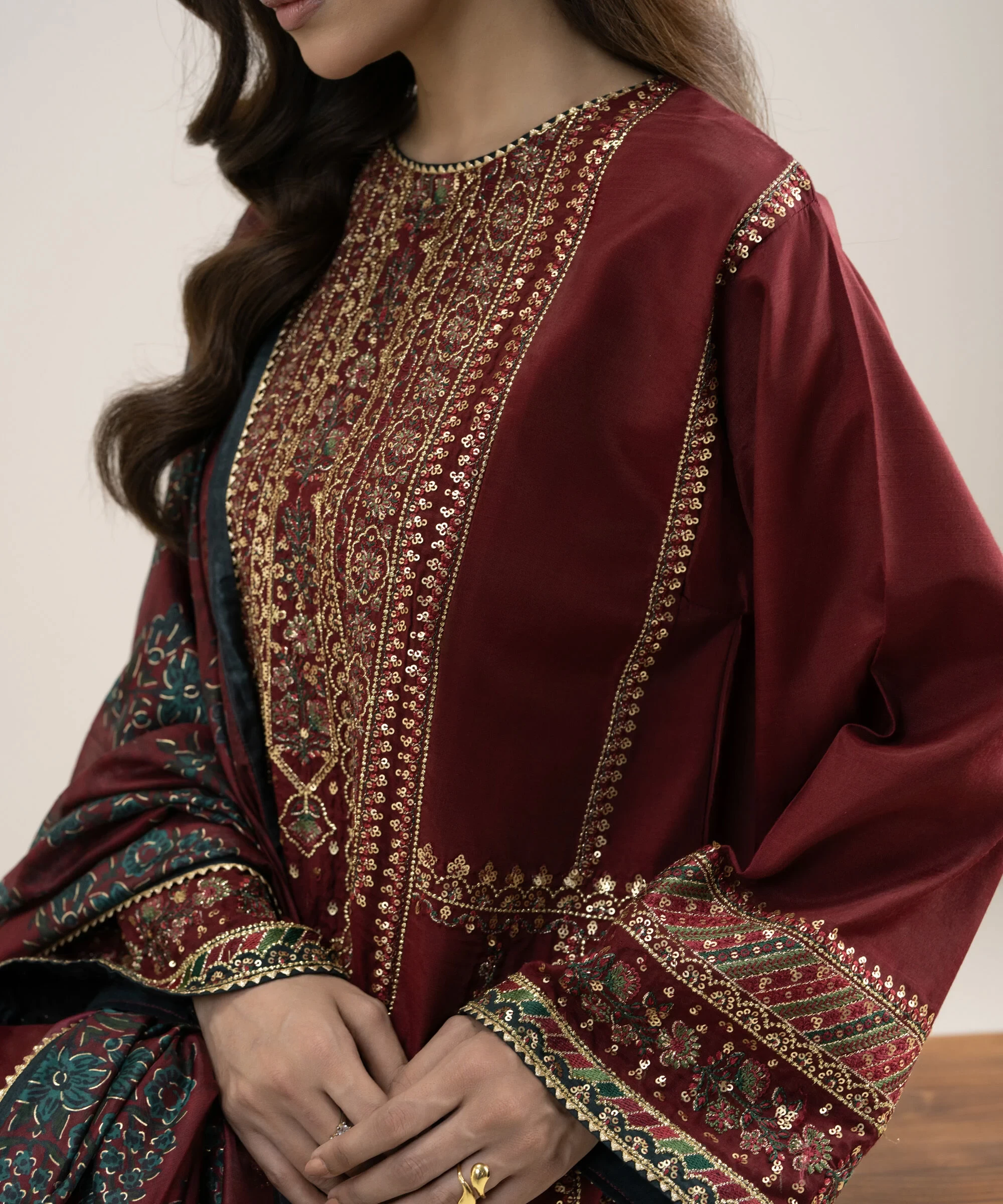 3 Piece - Embroidered Raw Silk Suit - 3PELXS26V737