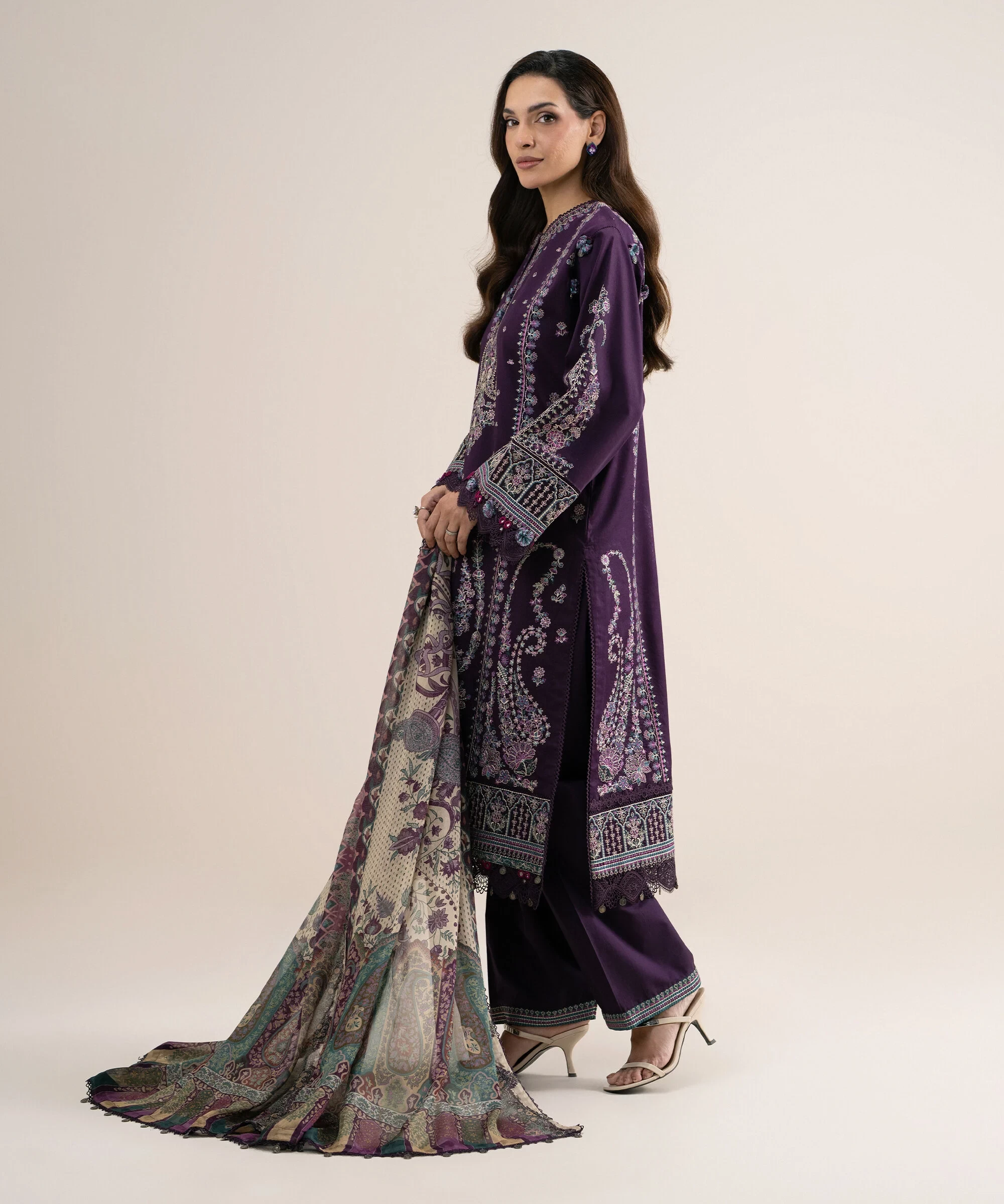 3 Piece - Embroidered Cotton Satin Suit - 3PELXS26V826