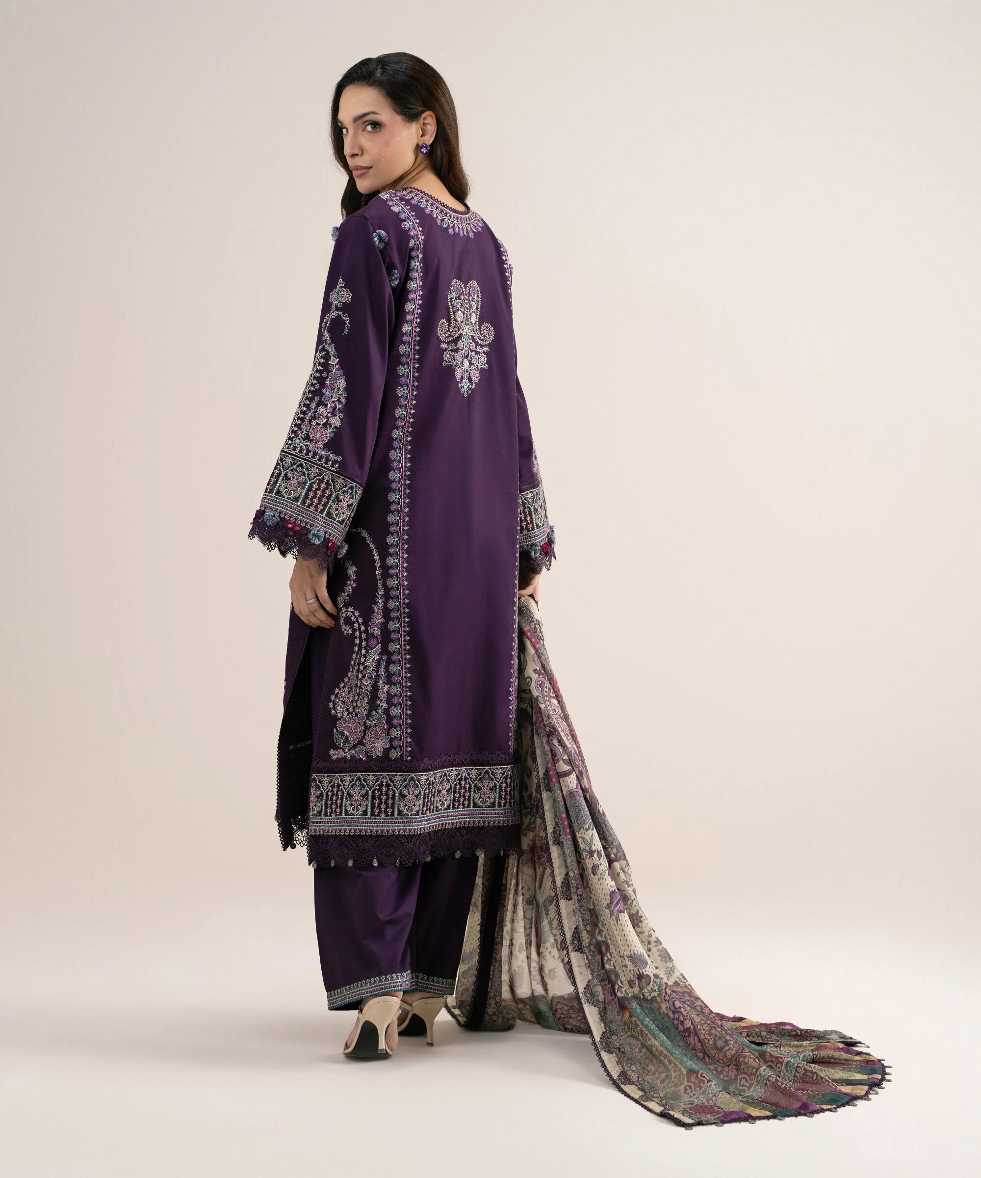 3 Piece - Embroidered Cotton Satin Suit - 3PELXS26V826