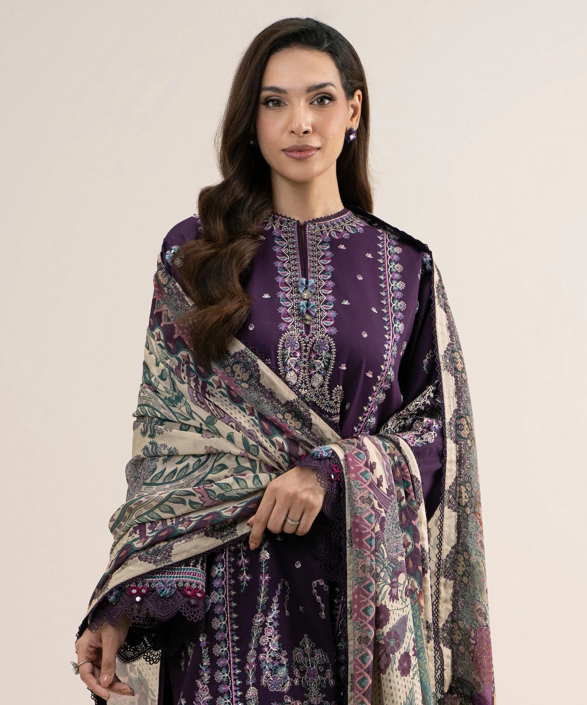 3 Piece - Embroidered Cotton Satin Suit - 3PELXS26V826