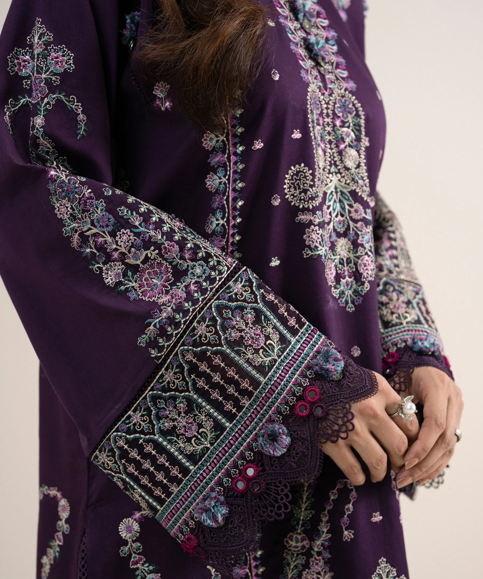 3 Piece - Embroidered Cotton Satin Suit - 3PELXS26V826