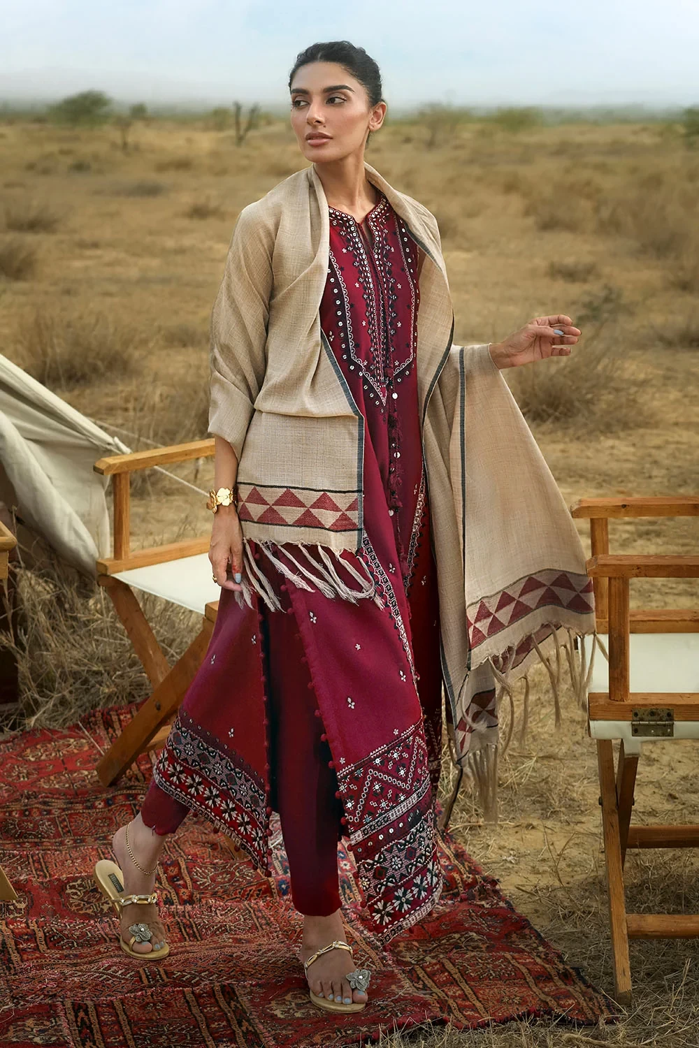 3 Piece Embroidered Pashmina Suit with Pashmina Jacquard Dupatta - W-FB-CW-26-48