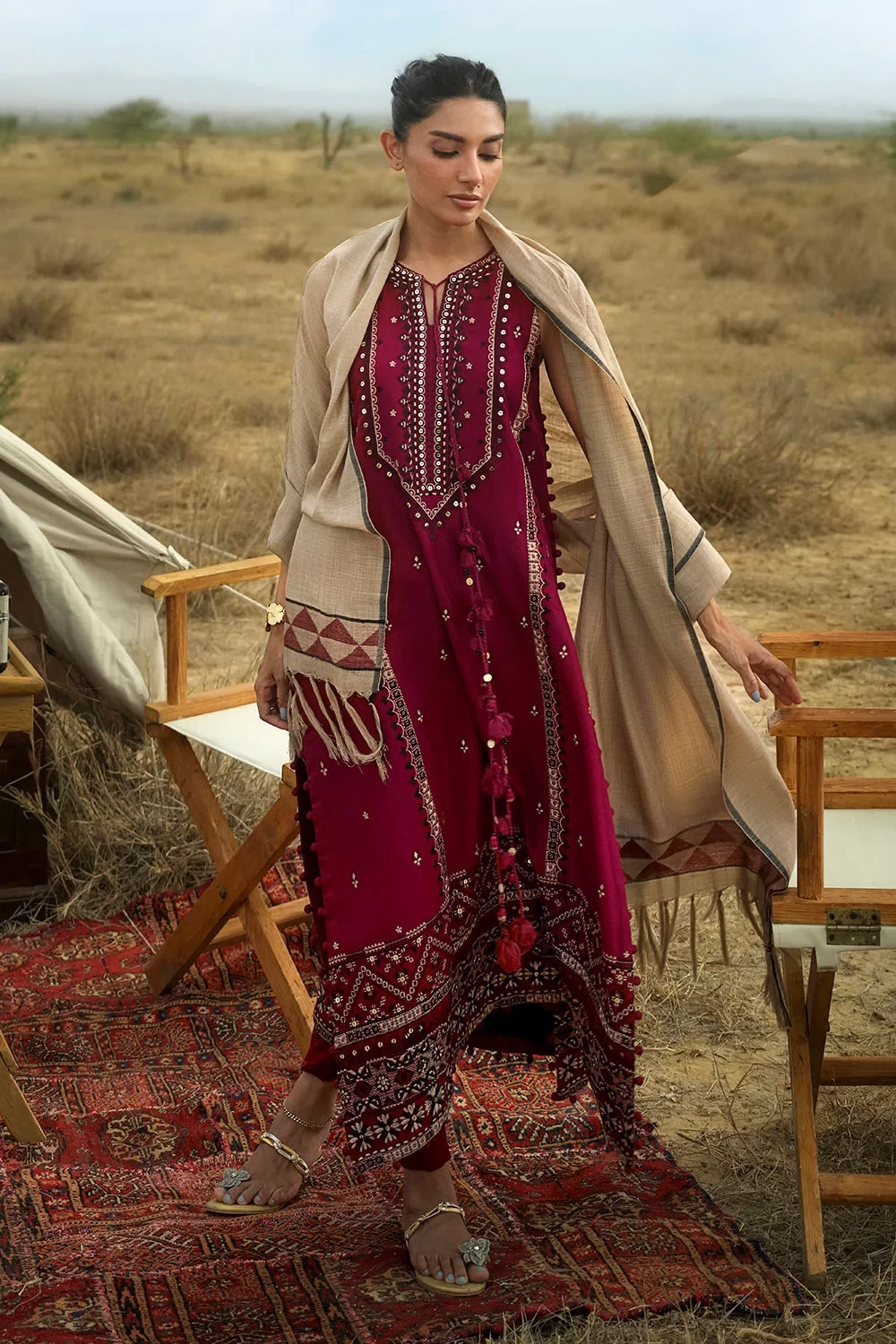 3 Piece Embroidered Pashmina Suit with Pashmina Jacquard Dupatta - W-FB-CW-26-48