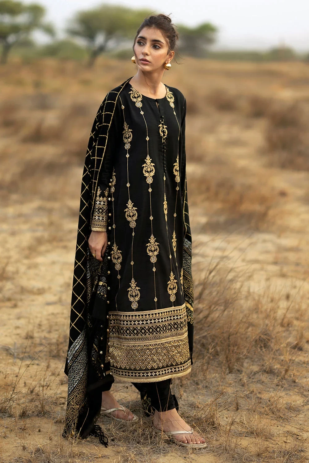 3 Piece Embroidered Khaddar Suit with Gold & Lacquer Printed Pashmina Dupatta - 