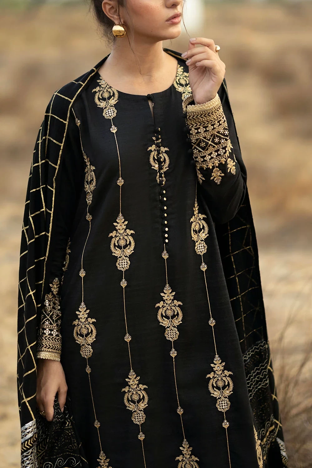 3 Piece Embroidered Khaddar Suit with Gold & Lacquer Printed Pashmina Dupatta - 